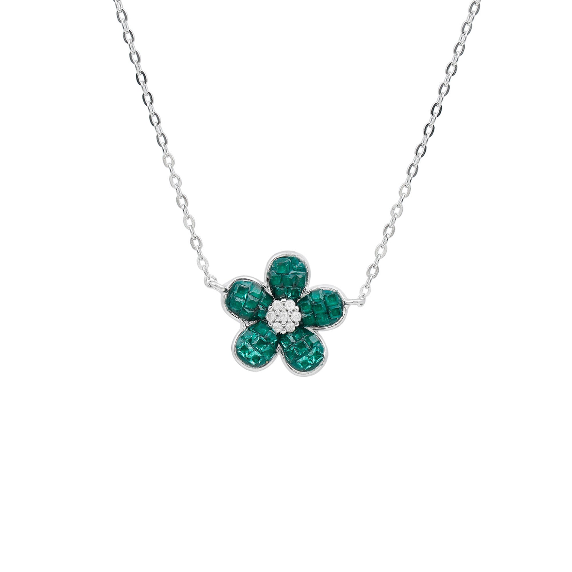 Rosec Jewels-Certified Lab Grown Emerald Flower Necklace with Silver Chain