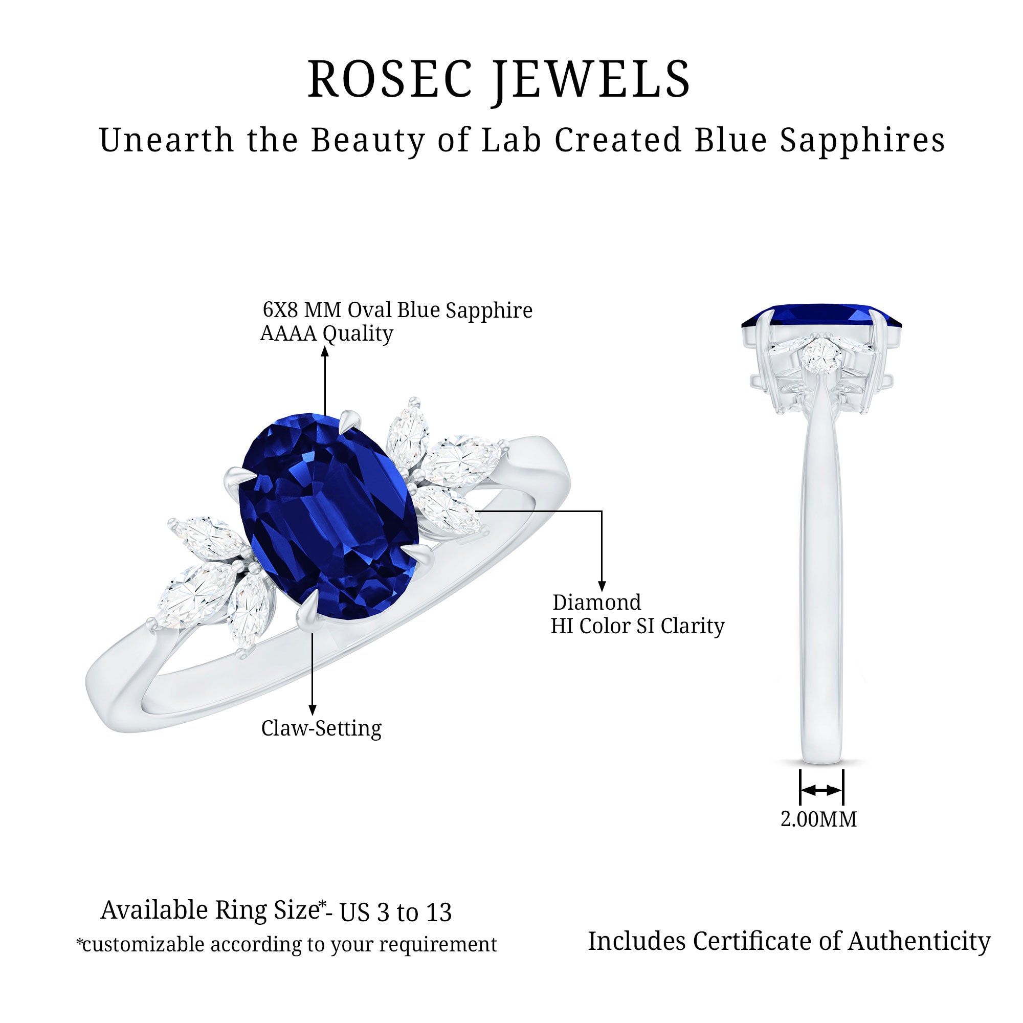 Certified 1.5 Carat Oval Lab Grown Blue Sapphire Engagement Ring with Diamond Trio AAAA - Rosec Jewels