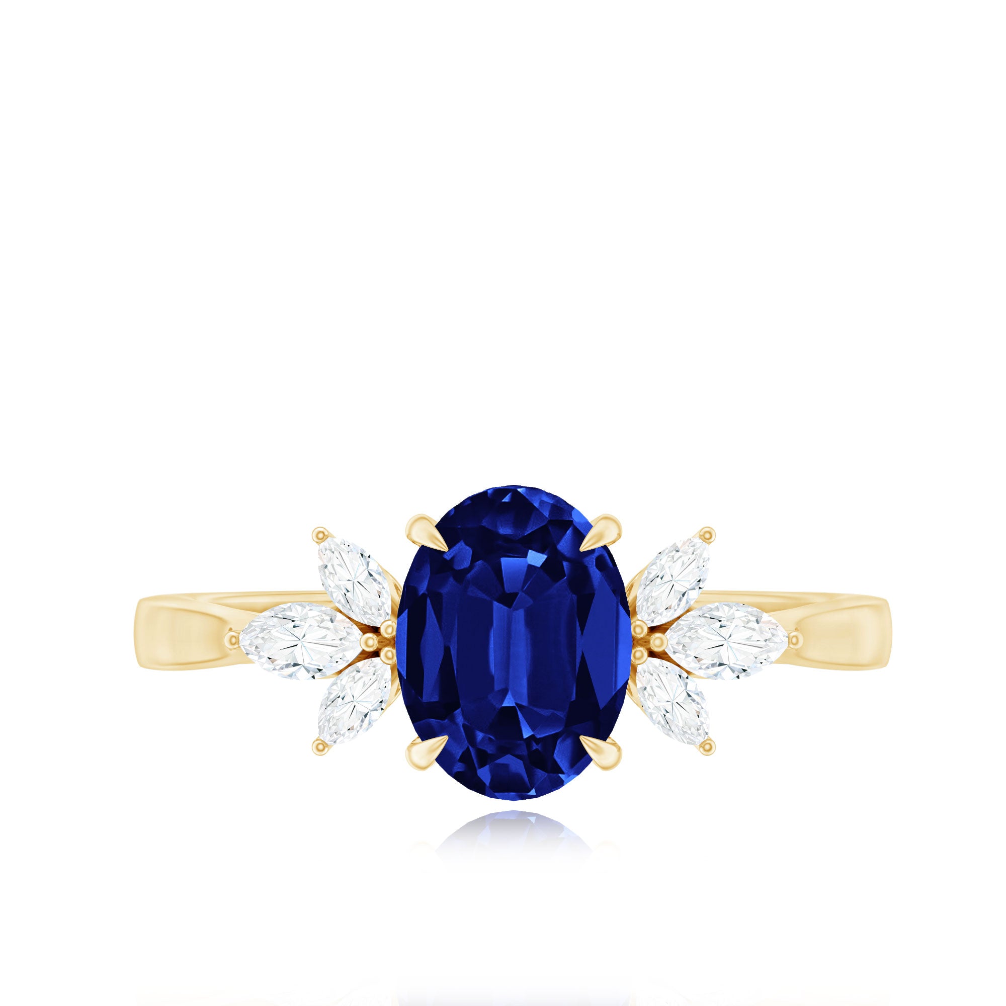 Certified 1.5 Carat Oval Lab Grown Blue Sapphire Engagement Ring with Diamond Trio AAAA - Rosec Jewels