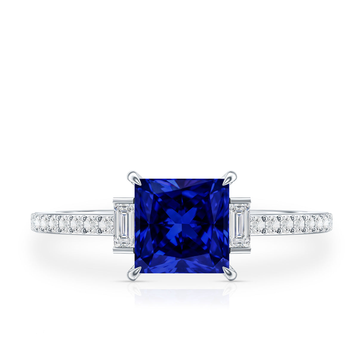 Princess Cut Created Blue Sapphire Solitaire Engagement Ring With Moissanite AAAA - Rosec Jewels