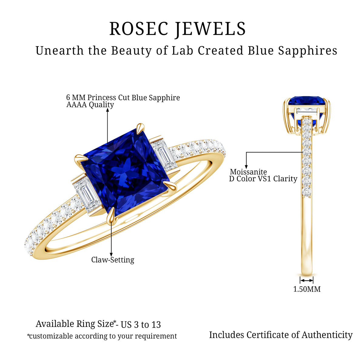 Princess Cut Created Blue Sapphire Solitaire Engagement Ring With Moissanite AAAA - Rosec Jewels