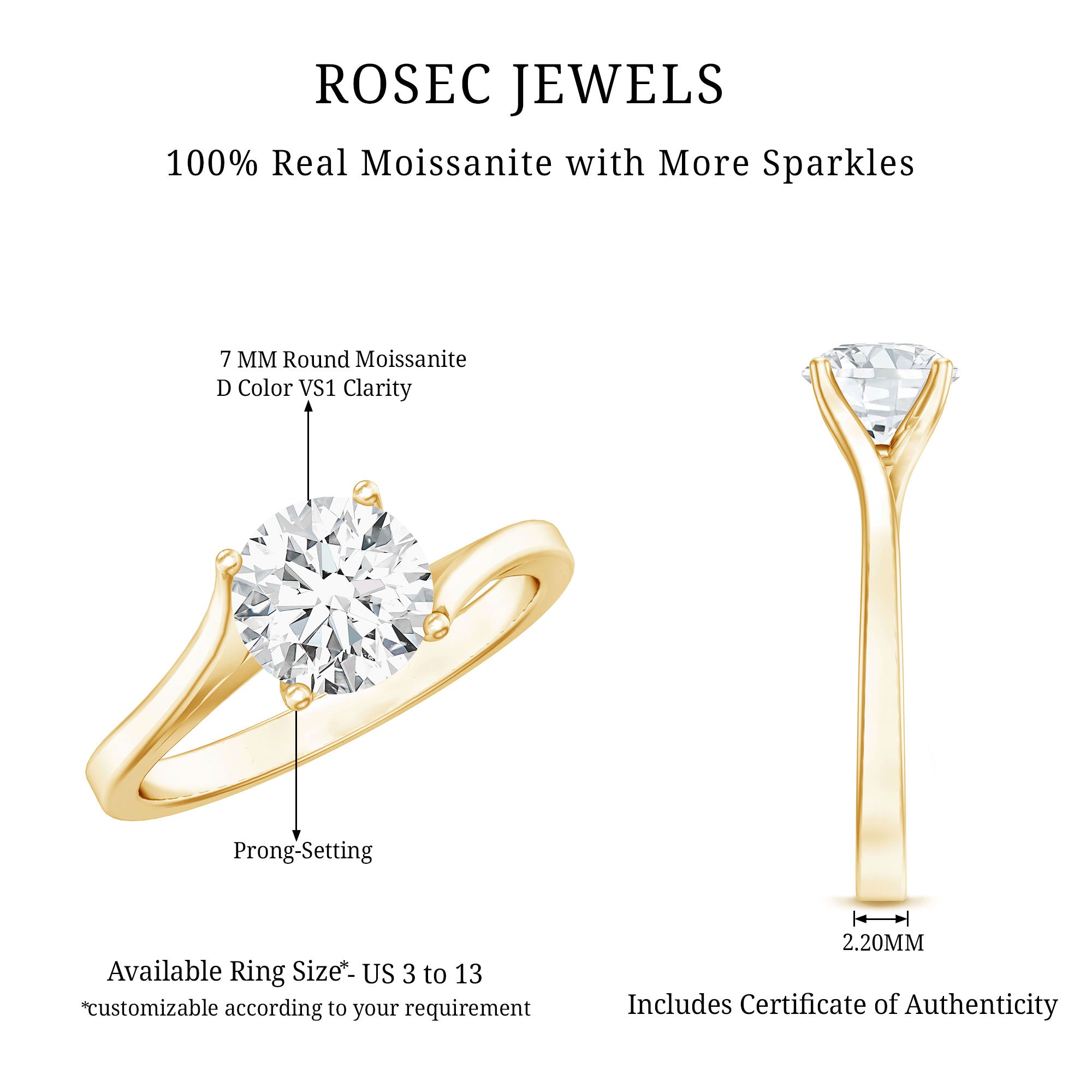 Certified Solitaire Moissanite Bypass Engagement Ring D-VS1 - Rosec Jewels