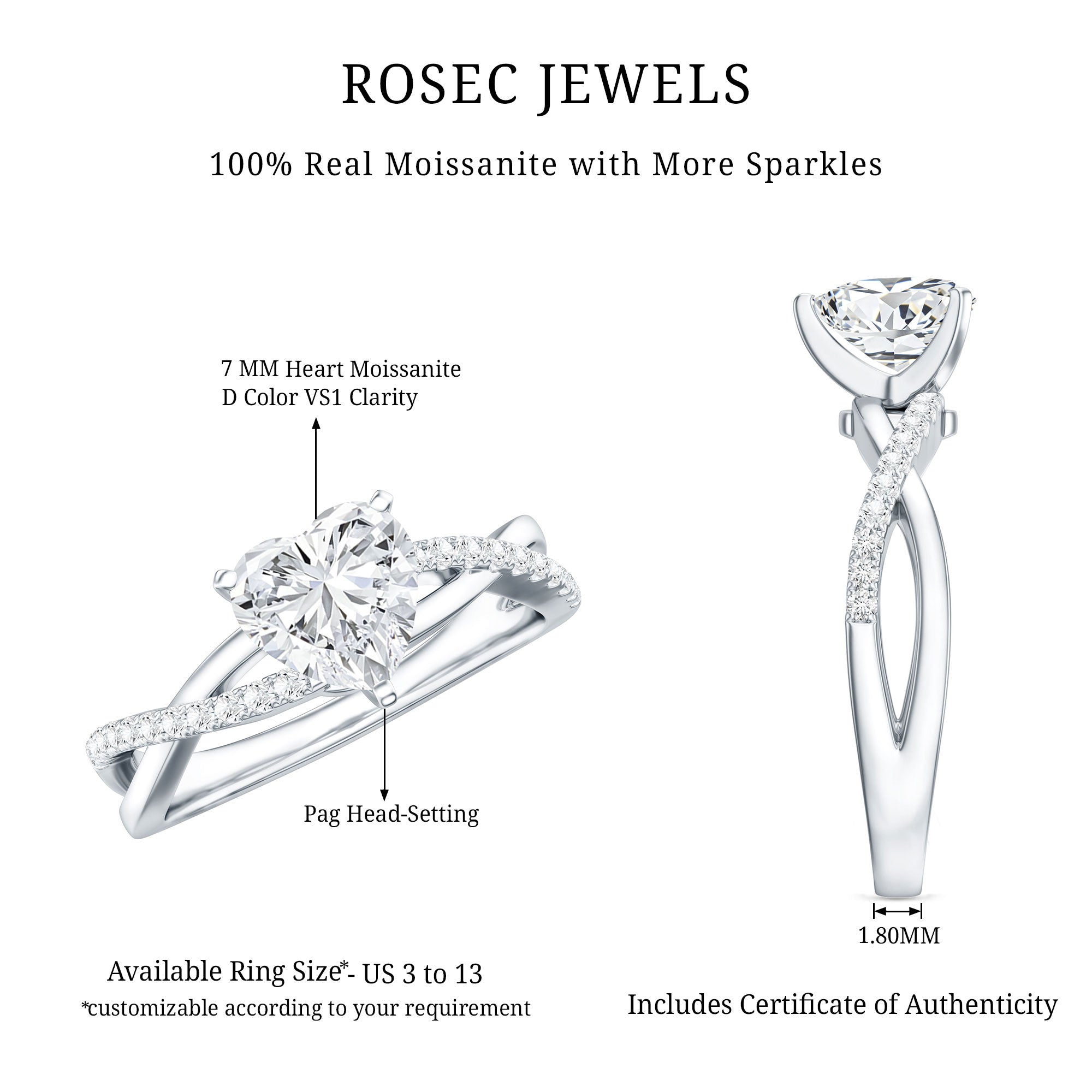 Heart Shape Moissanite Crossover Engagement Ring for Her D-VS1 - Rosec Jewels