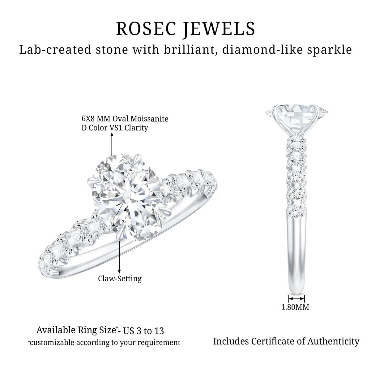 Oval Moissanite Solitaire Engagement Ring with Side Stones D-VS1 - Rosec Jewels
