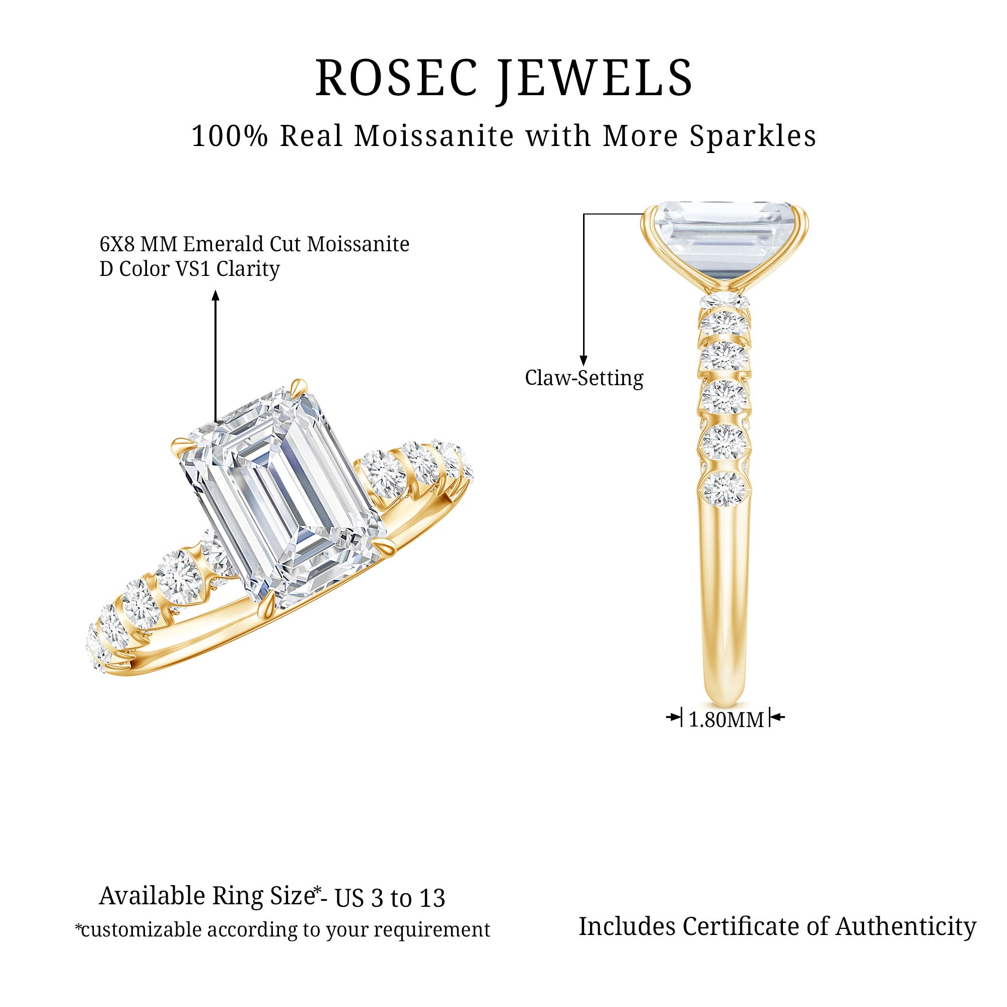 Rosec Jewels-Octagon Moissanite Solitaire Engagement Ring with Side Stones