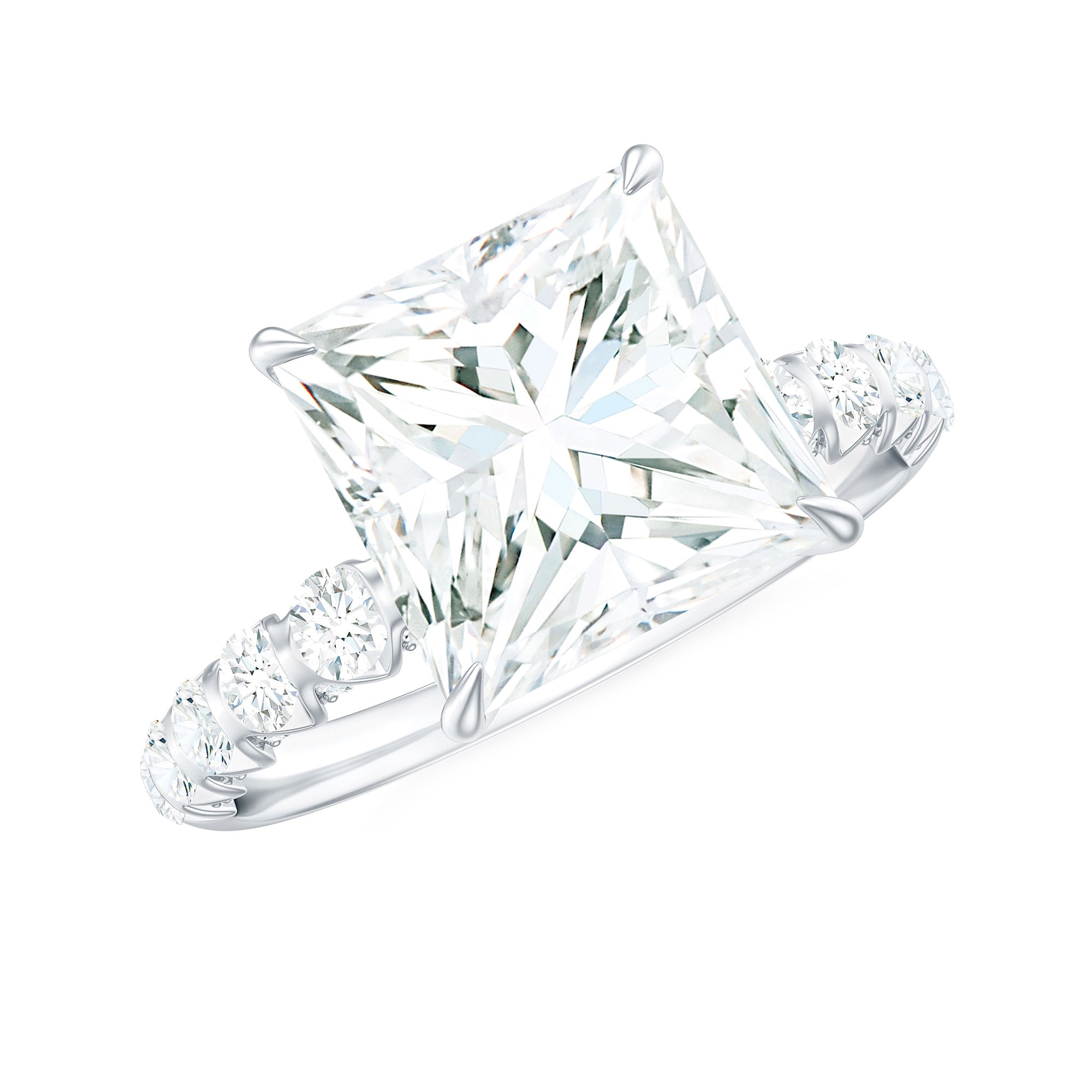 Certified 8 MM Moissanite Princess Cut Engagement Ring with Side Stones