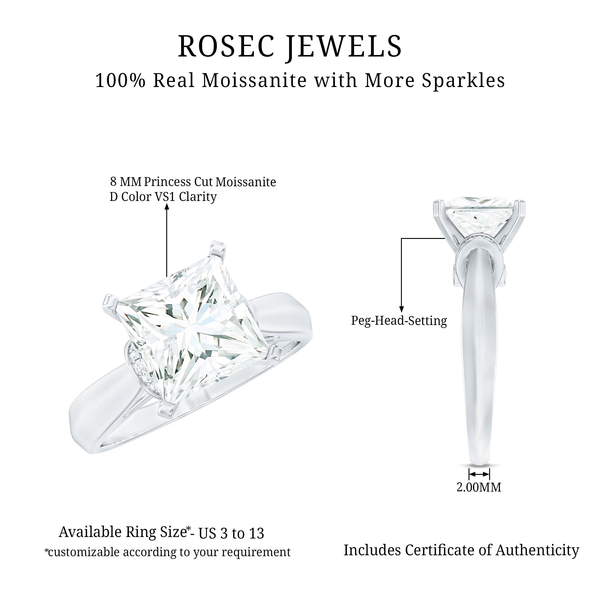 Princess Cut Certified Moissanite Solitaire Engagement Ring D-VS1 - Rosec Jewels