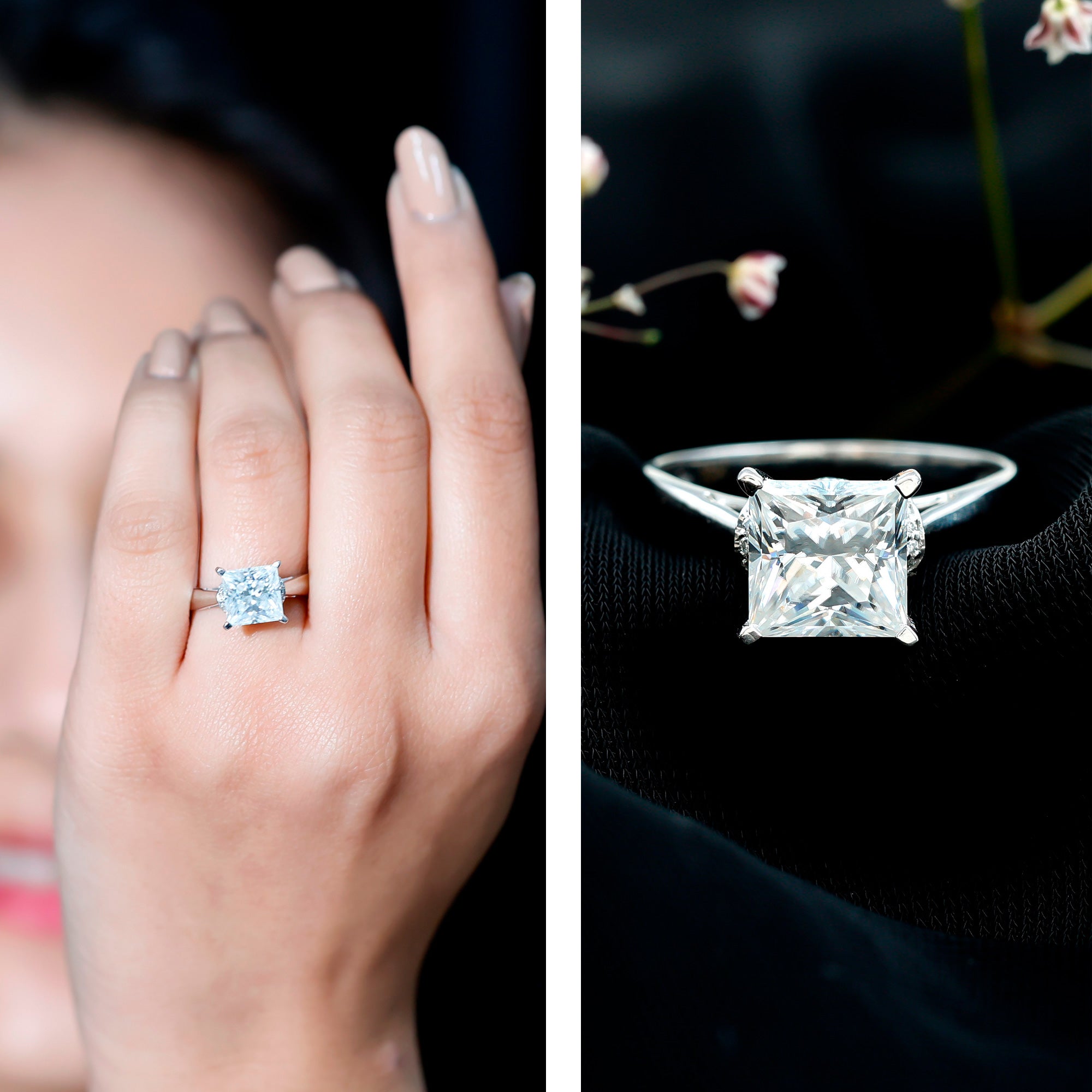Princess Cut Certified Moissanite Solitaire Engagement Ring D-VS1 - Rosec Jewels