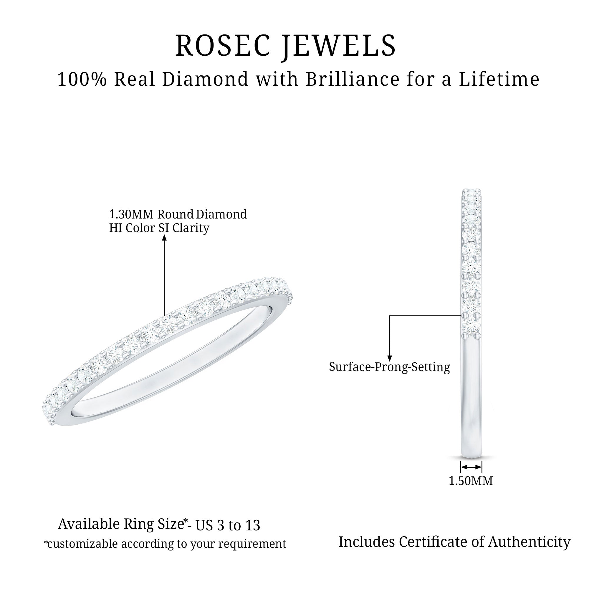 Round Cut Diamond Stackable Eternity Band Natural - ( HI-SI ) - Rosec Jewels
