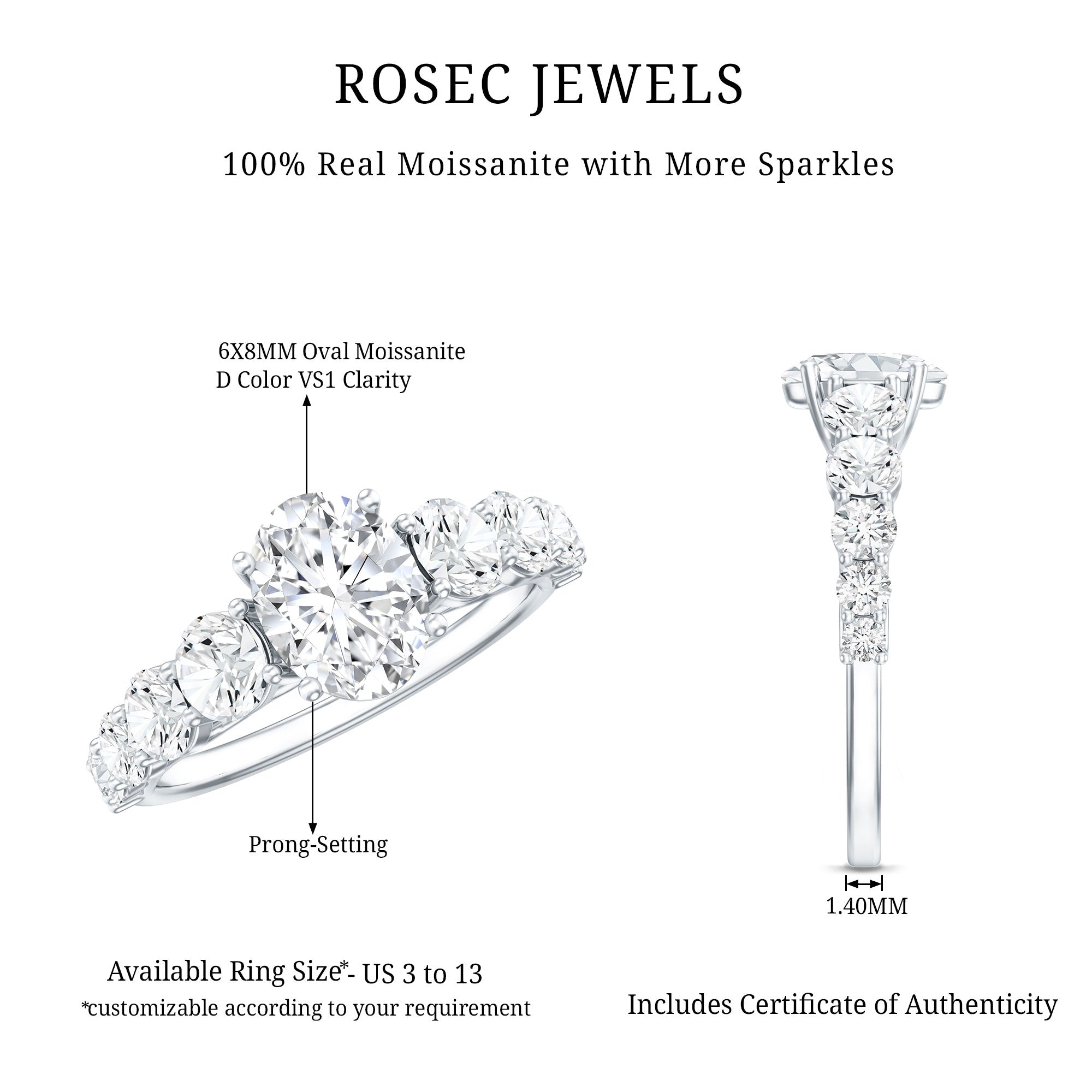 3 CT Oval Cut Moissanite Side Stone Engagement Ring D-VS1 - Rosec Jewels