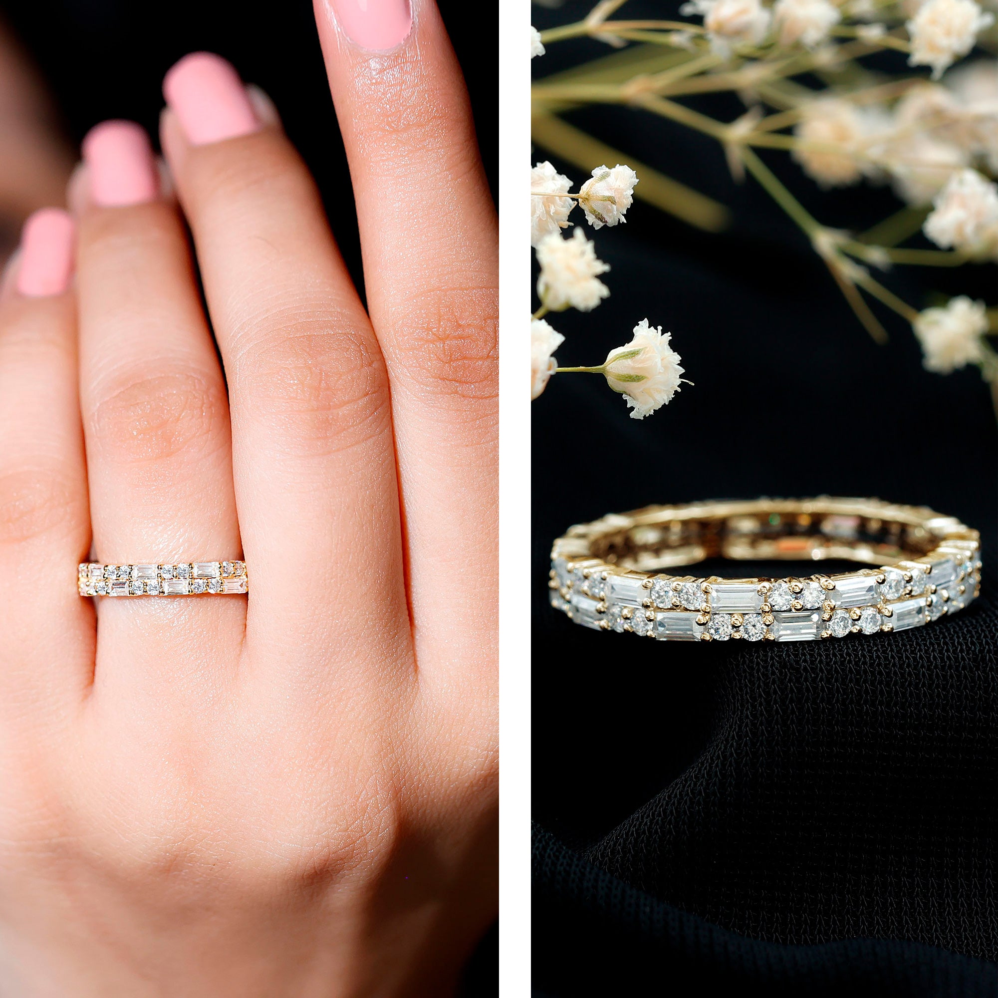 Double Row Moissanite Stackable Eternity Band Ring D-VS1 - Rosec Jewels