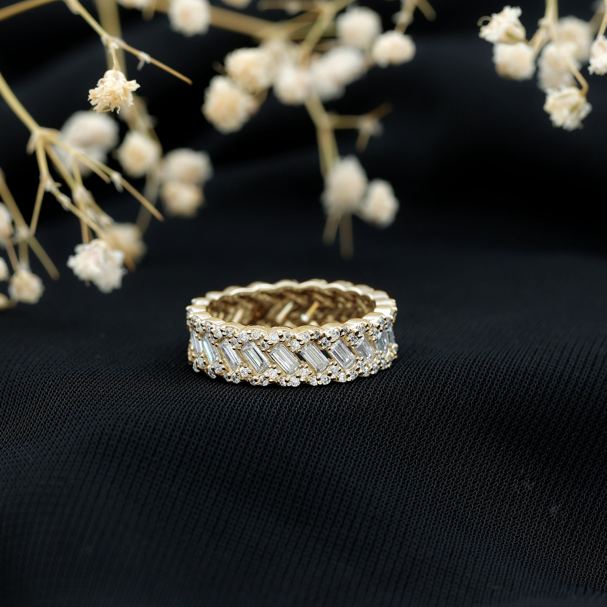 Baguette and Round Moissanite Braided Wedding Band D-VS1 - Rosec Jewels