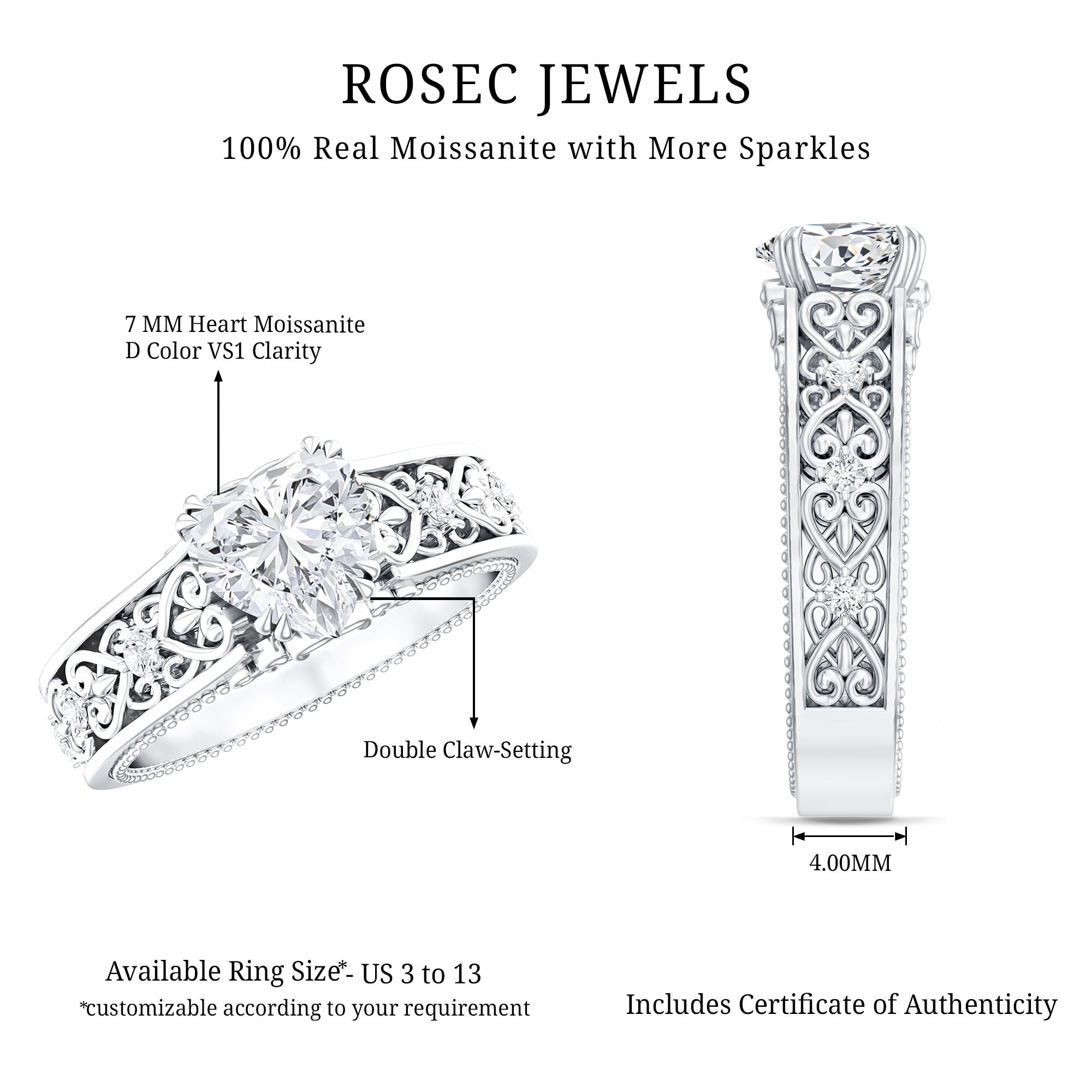 Rosec Jewels-Heart Shape Moissanite Filigree Style Engagement Rings
