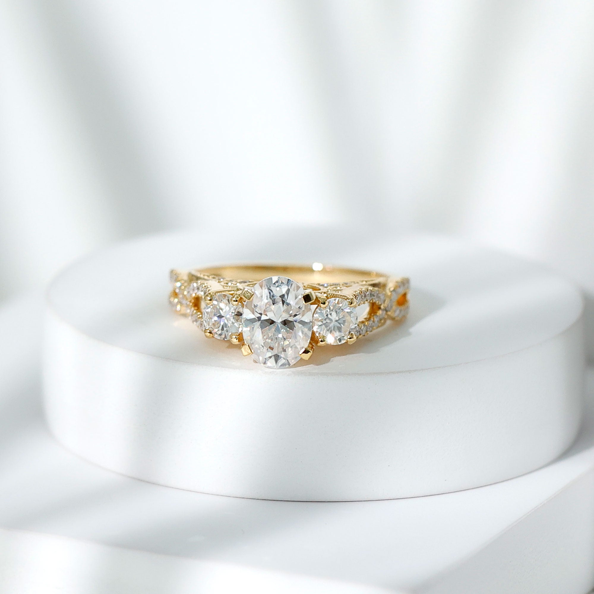 Certified Moissanite Three Stone Engagement Ring with Crossover Shank D-VS1 - Rosec Jewels