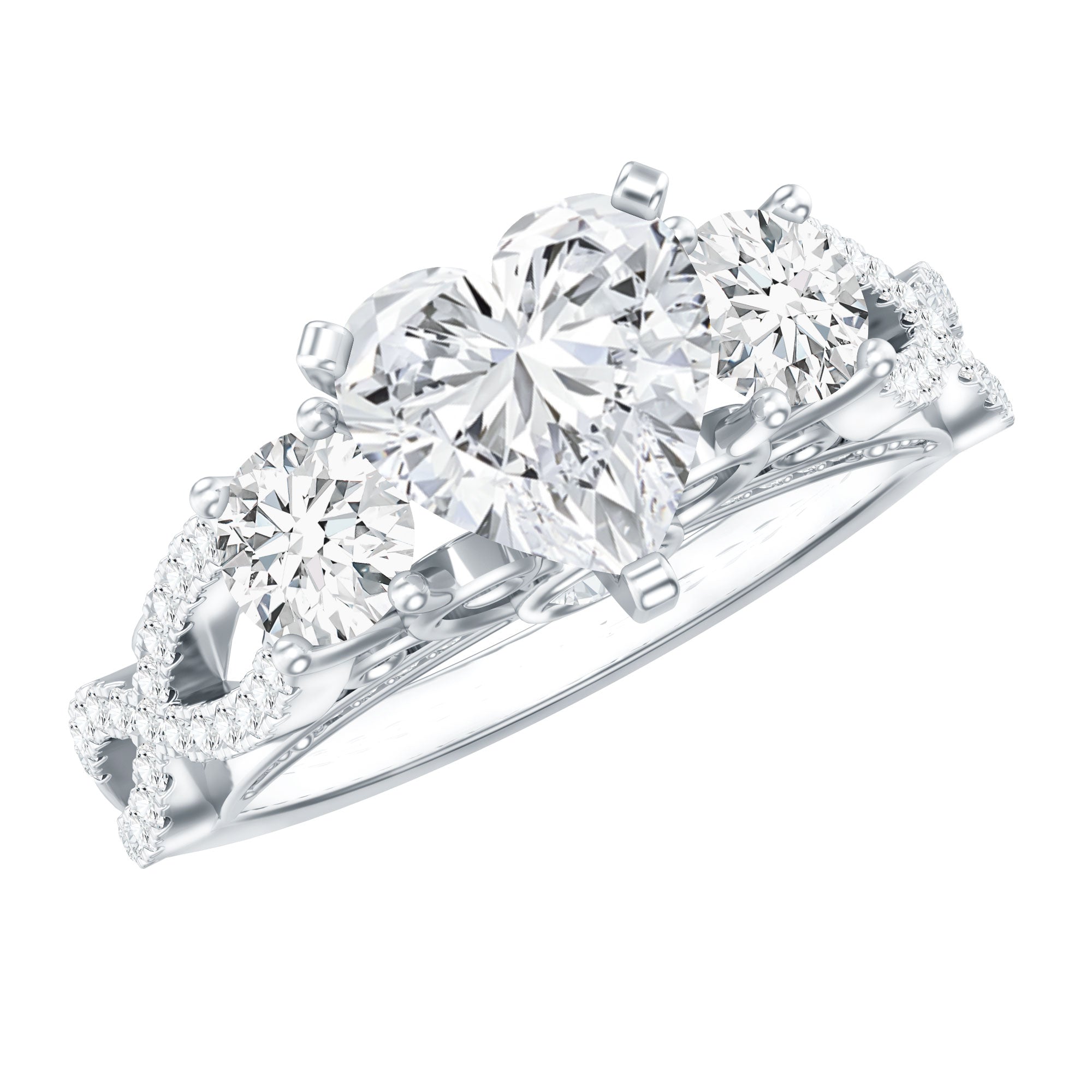 Heart Moissanite 3 Stone Engagement Ring in Crossover Band