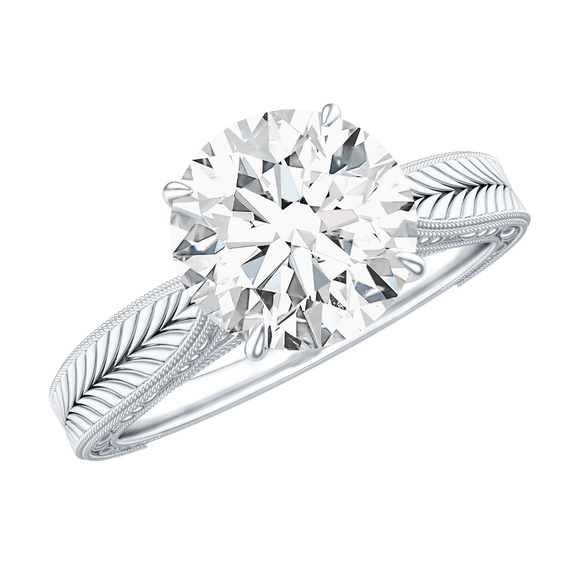 Claw Set Round Moissanite Engraved Engagement Ring D-VS1 - Rosec Jewels