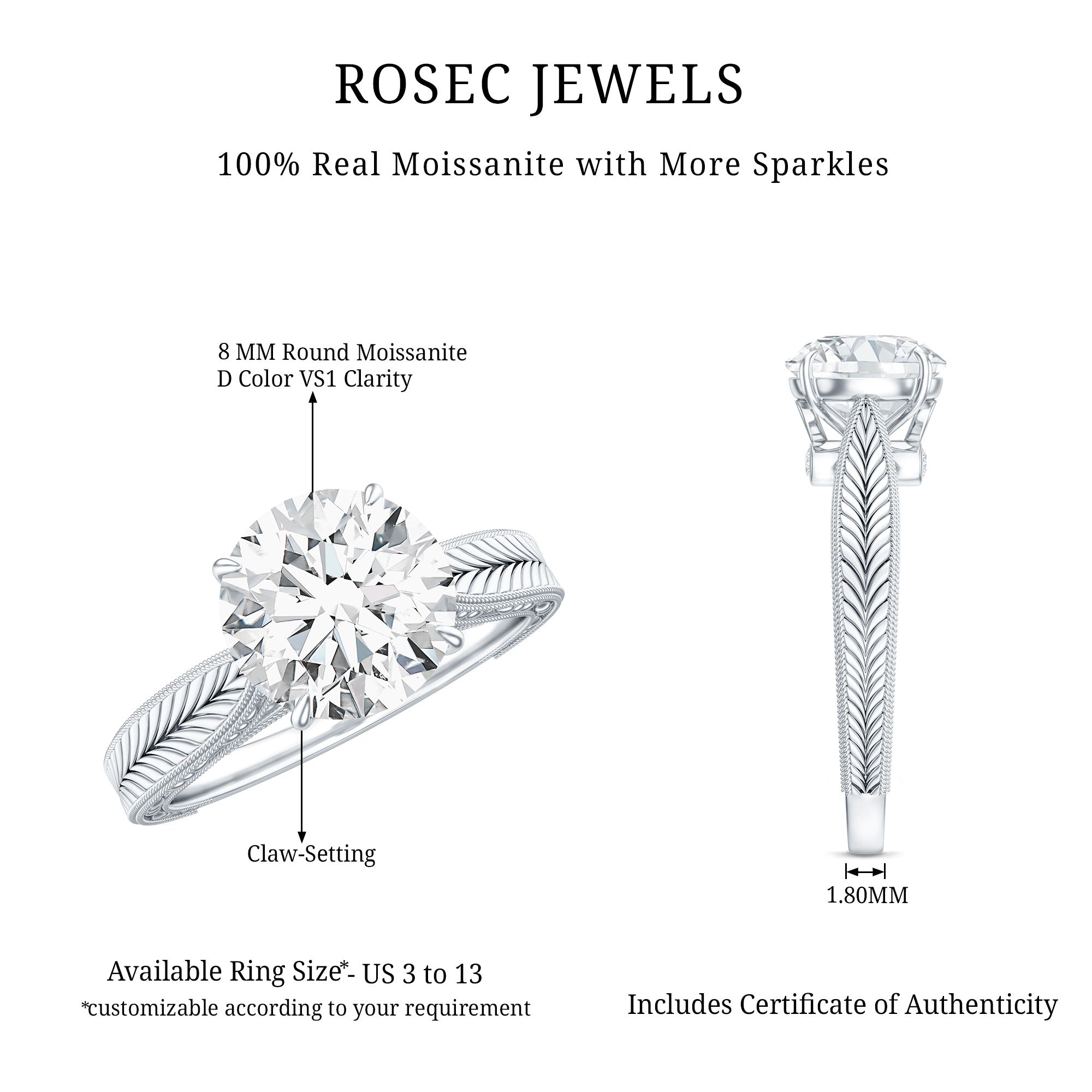 Claw Set Round Moissanite Engraved Engagement Ring D-VS1 - Rosec Jewels