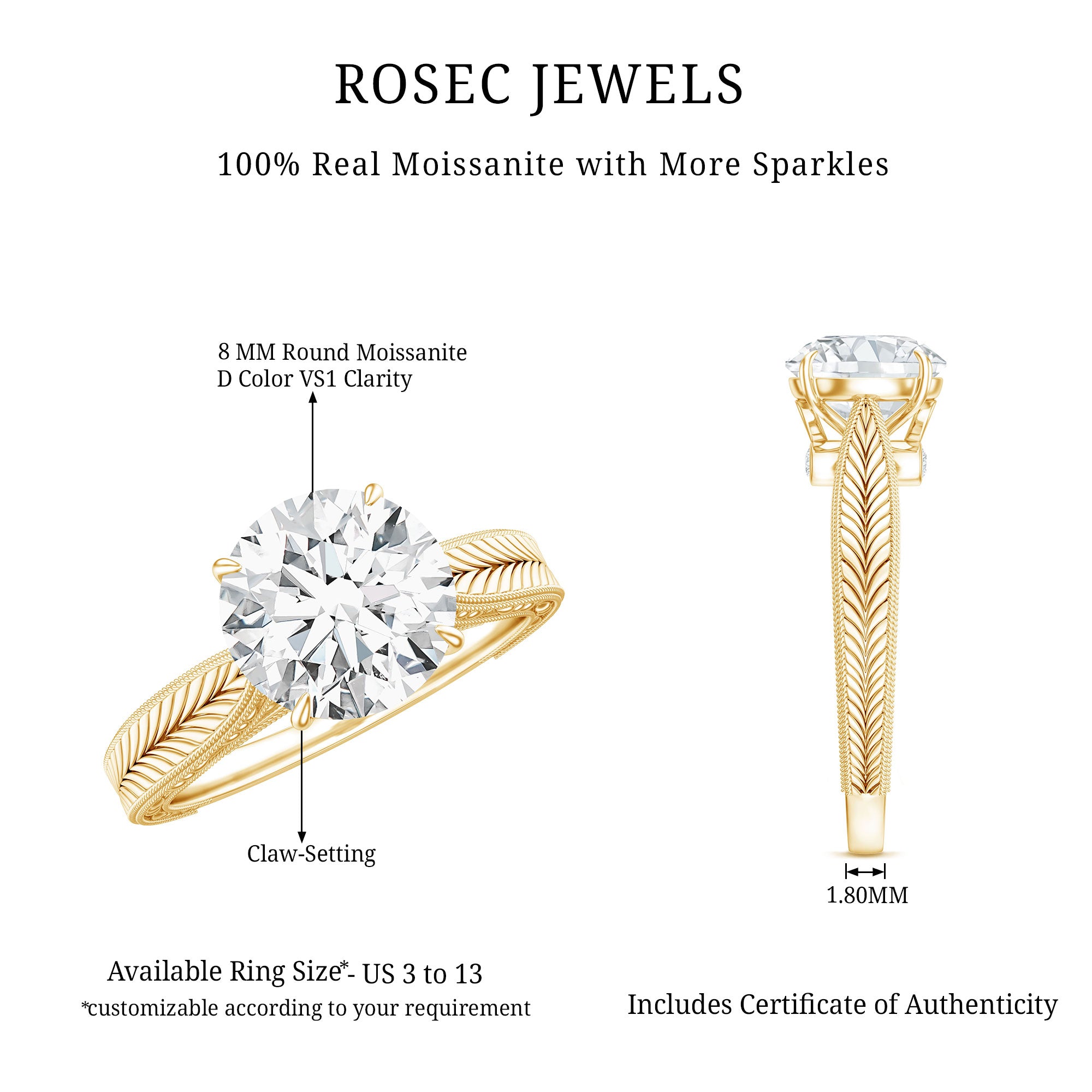 Claw Set Round Moissanite Engraved Engagement Ring D-VS1 - Rosec Jewels
