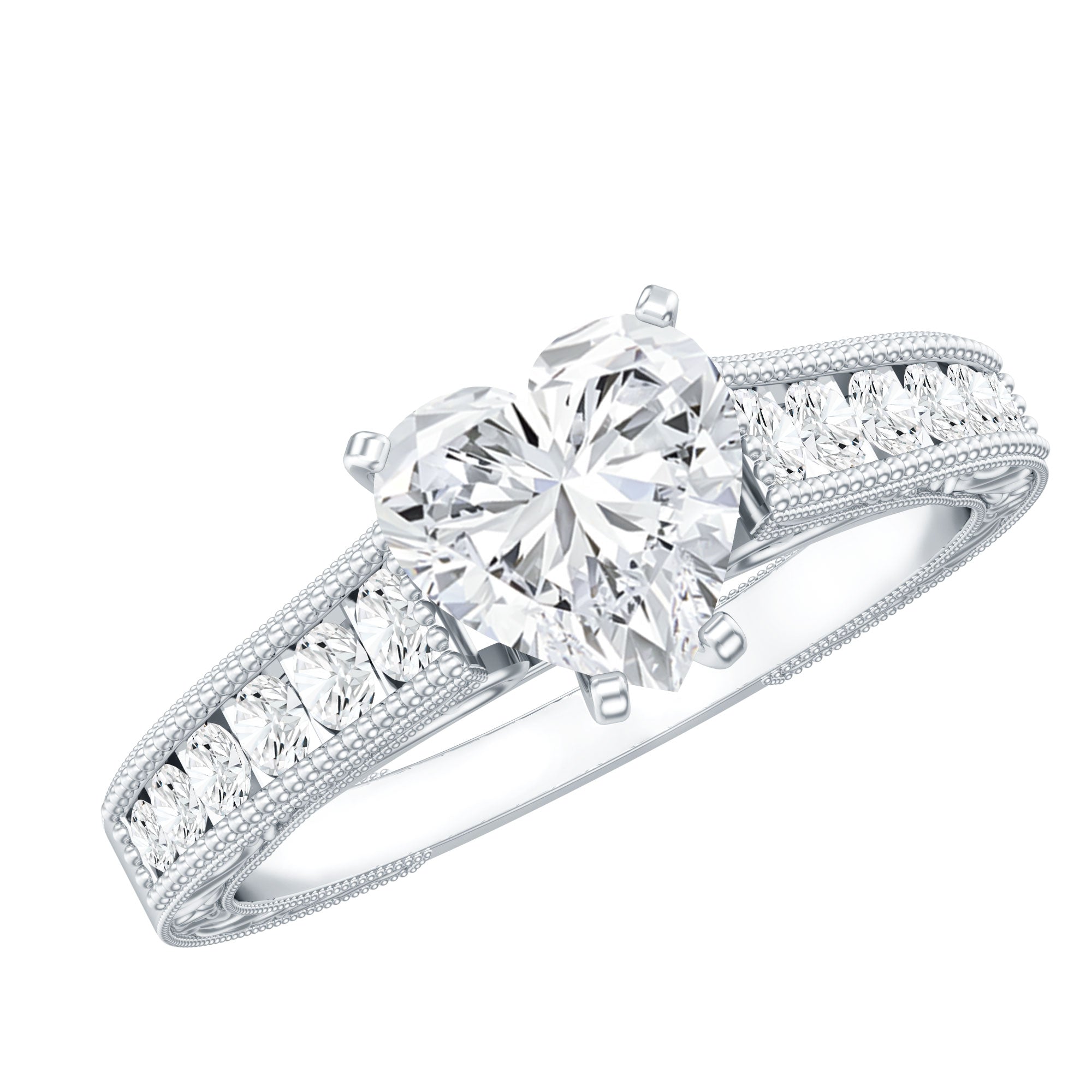 2 CT Moissanite Heart Engagement Ring with Beaded Details D-VS1 - Rosec Jewels