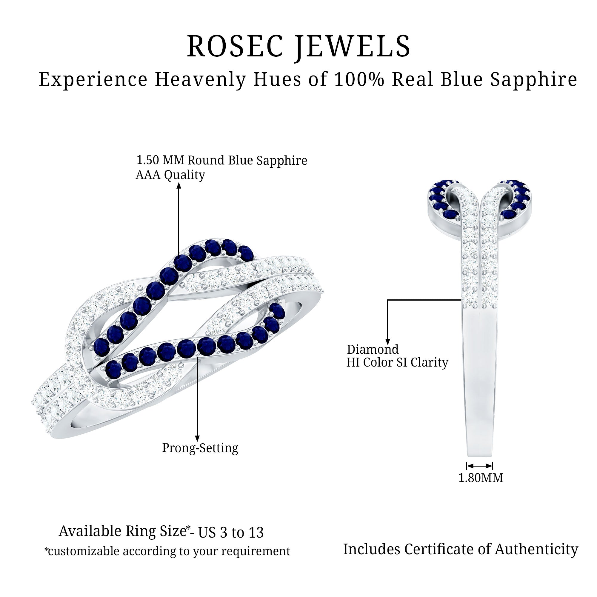 Natural Blue Sapphire Diamond Interlock Ring for Women AAA - Rosec Jewels