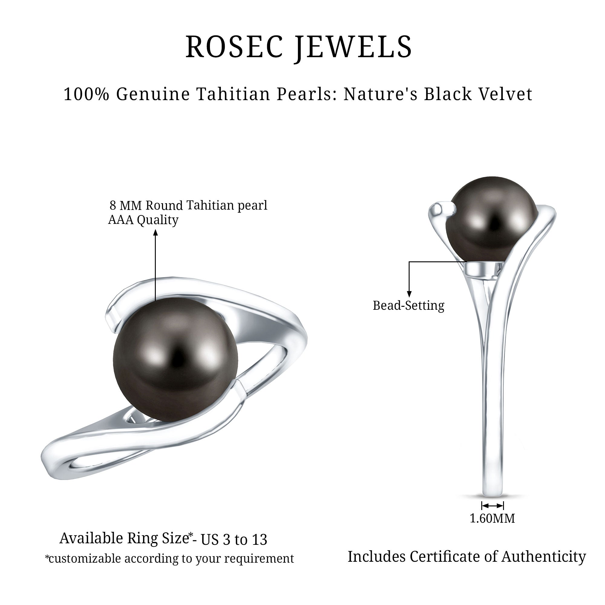 Tahitian Black Pearl Solitaire Bypass Engagement Ring AAA - Rosec Jewels