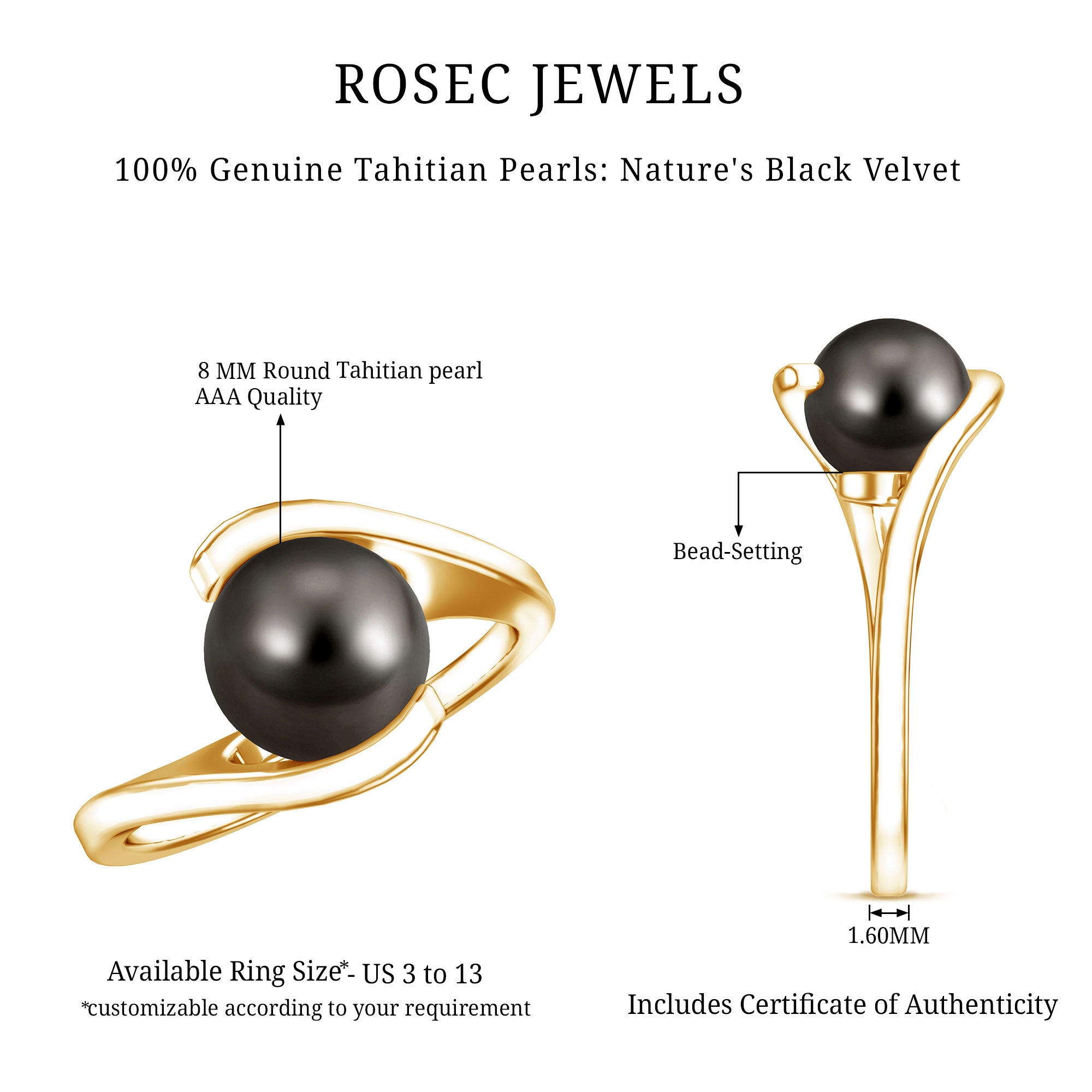 Tahitian Black Pearl Solitaire Bypass Engagement Ring AAA - Rosec Jewels