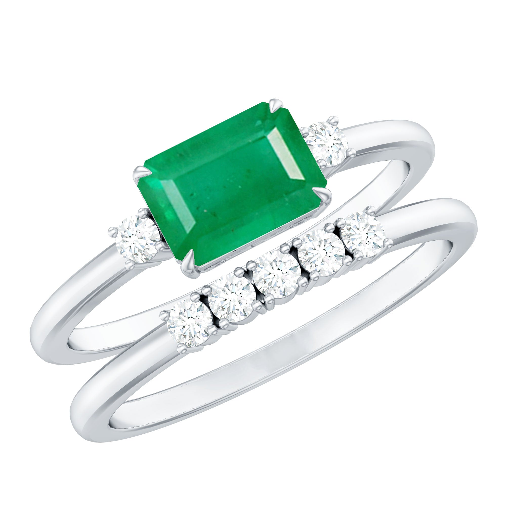 Natural Emerald Cut Emerald Diamond East West Engagement Ring and Wedding Band Set AAA - Rosec Jewels
