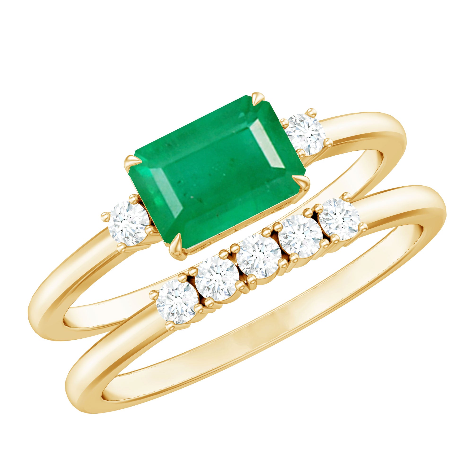 Natural Emerald Cut Emerald Diamond East West Engagement Ring and Wedding Band Set AAA - Rosec Jewels