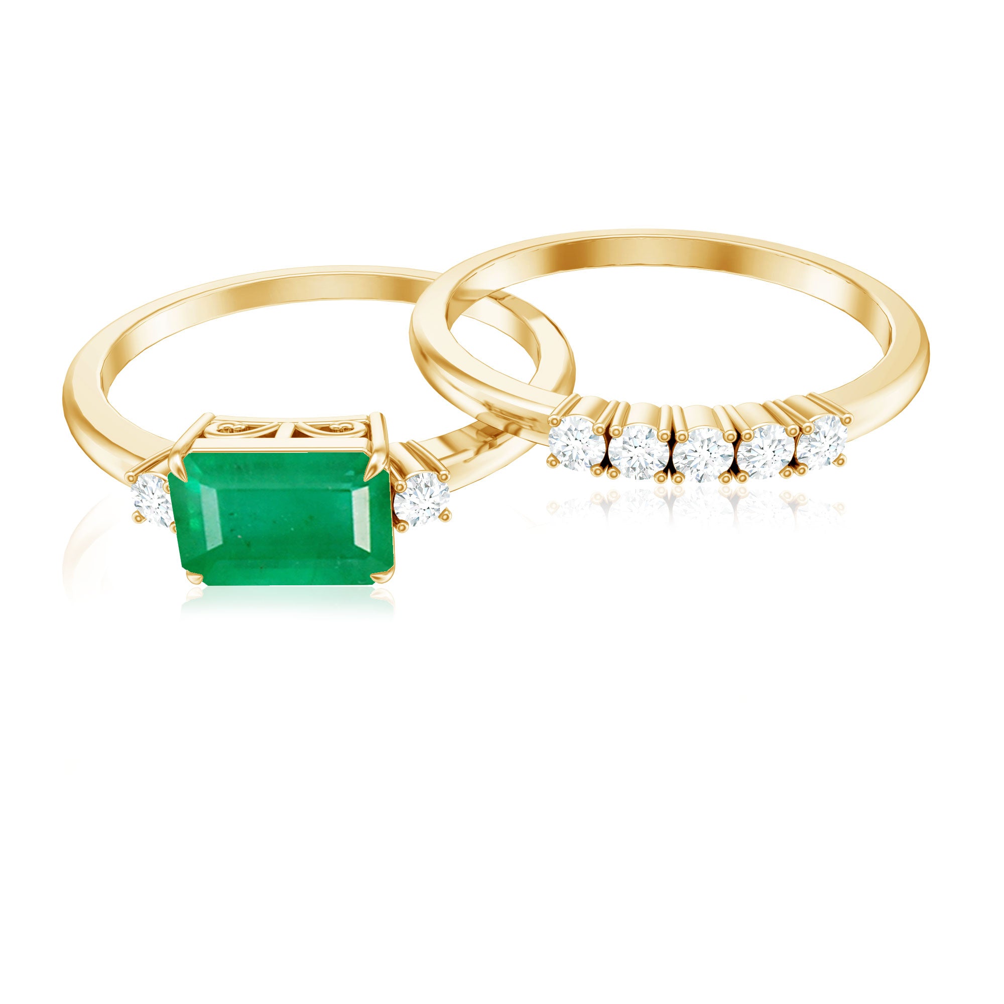 Natural Emerald Cut Emerald Diamond East West Engagement Ring and Wedding Band Set AAA - Rosec Jewels