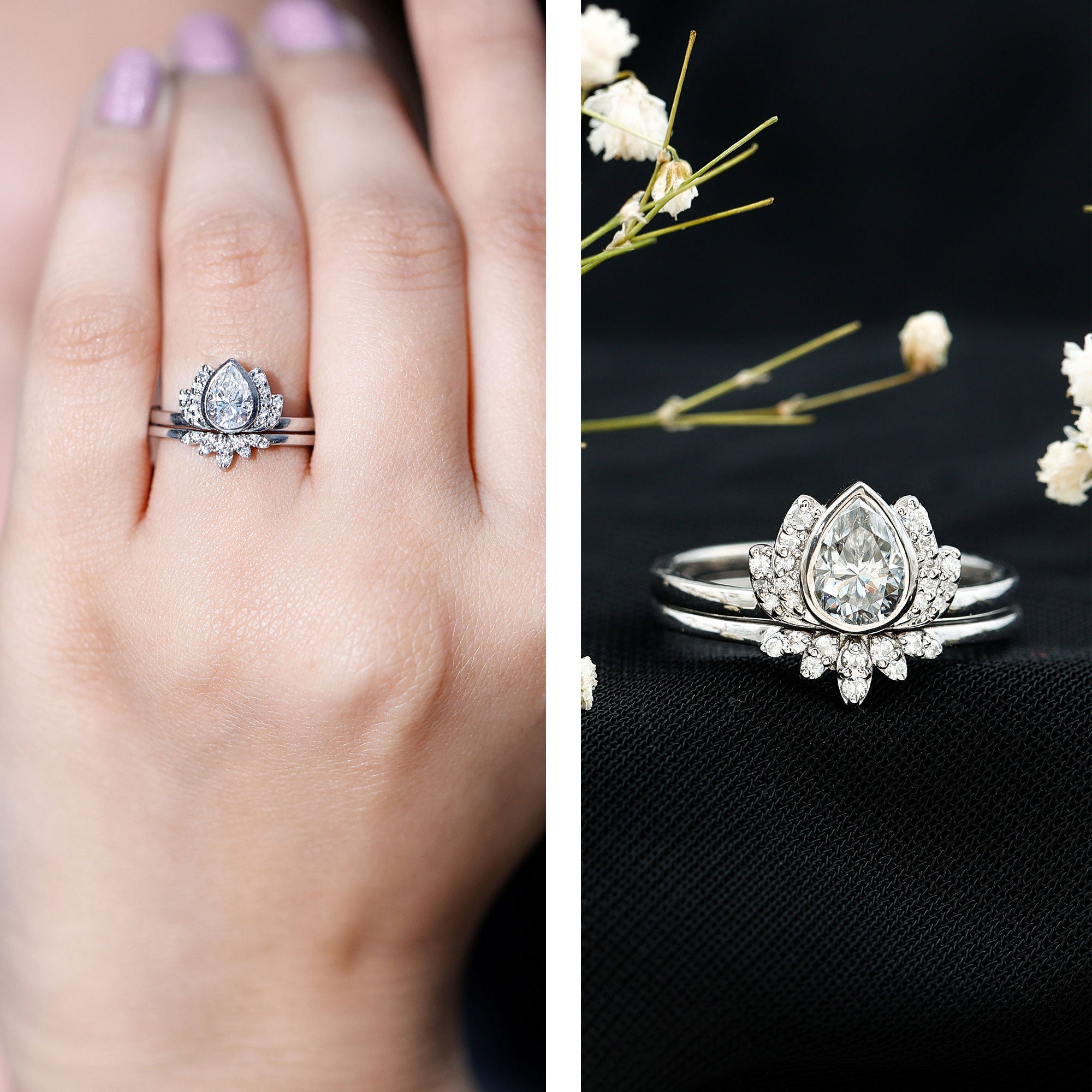 Rosec Jewels-Certified Moissanite Lotus Flower Bridal Ring Set