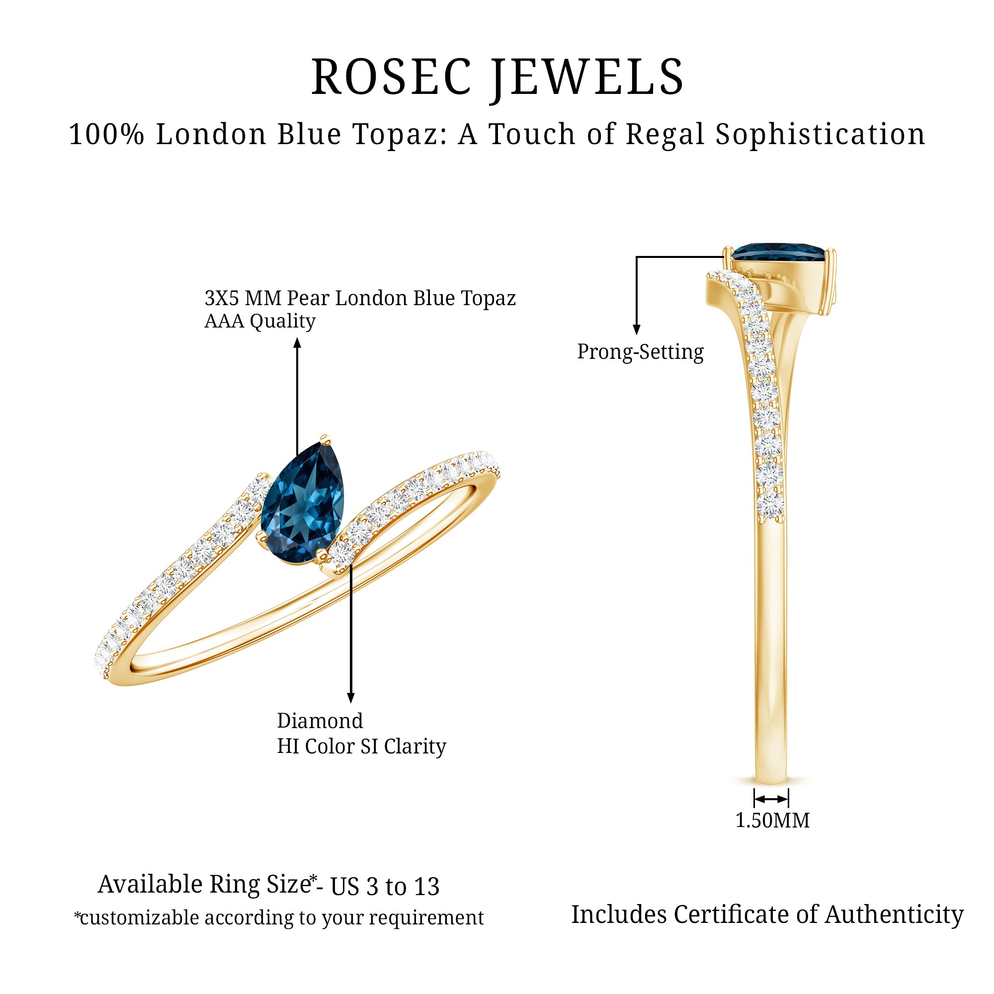 Genuine London Blue Topaz Promise Ring with Diamond AAA - Rosec Jewels