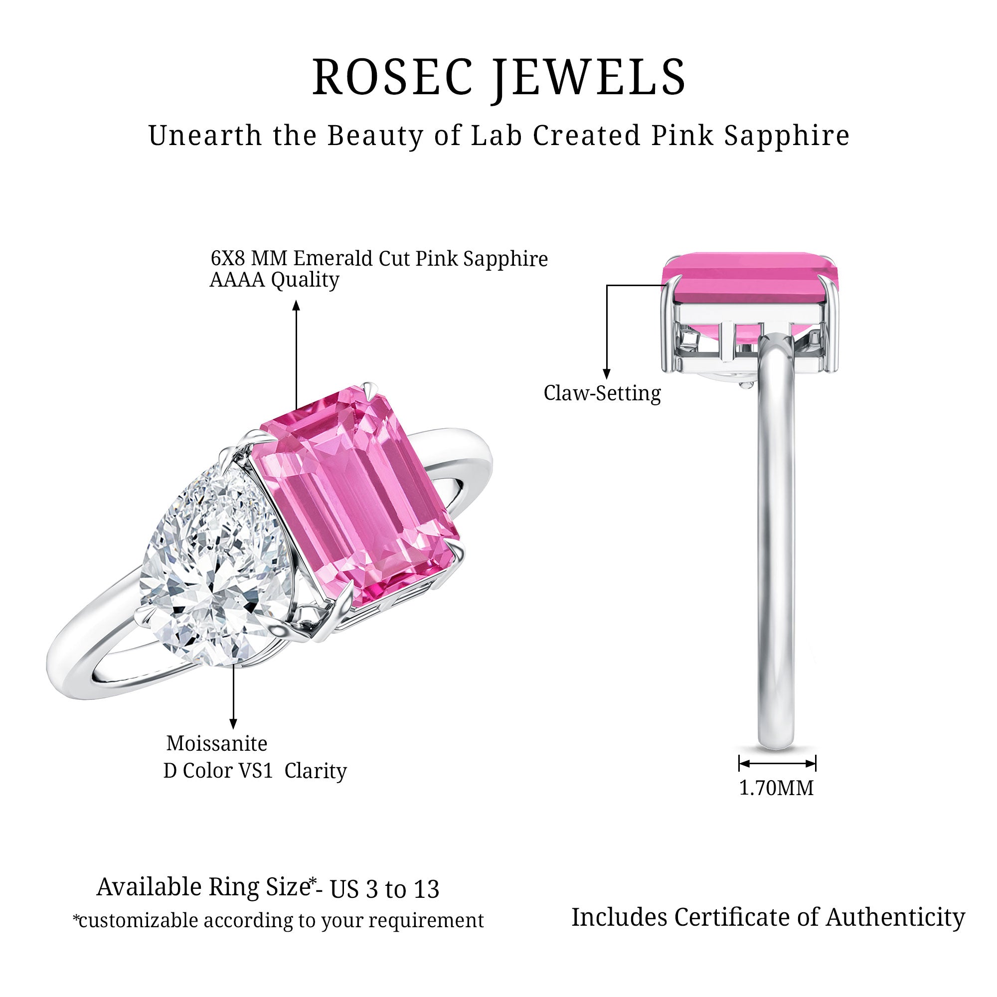 Toi Et Moi Ring with Created Pink Sapphire and Moissanite AAAA - Rosec Jewels