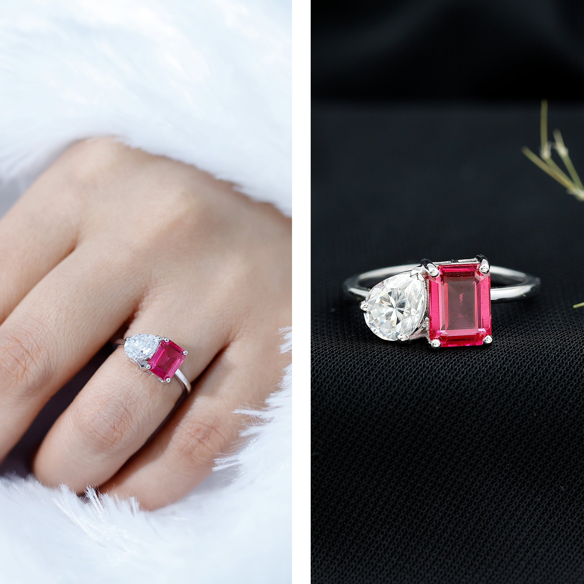 Toi Et Moi Ring with Created Pink Sapphire and Moissanite AAAA - Rosec Jewels