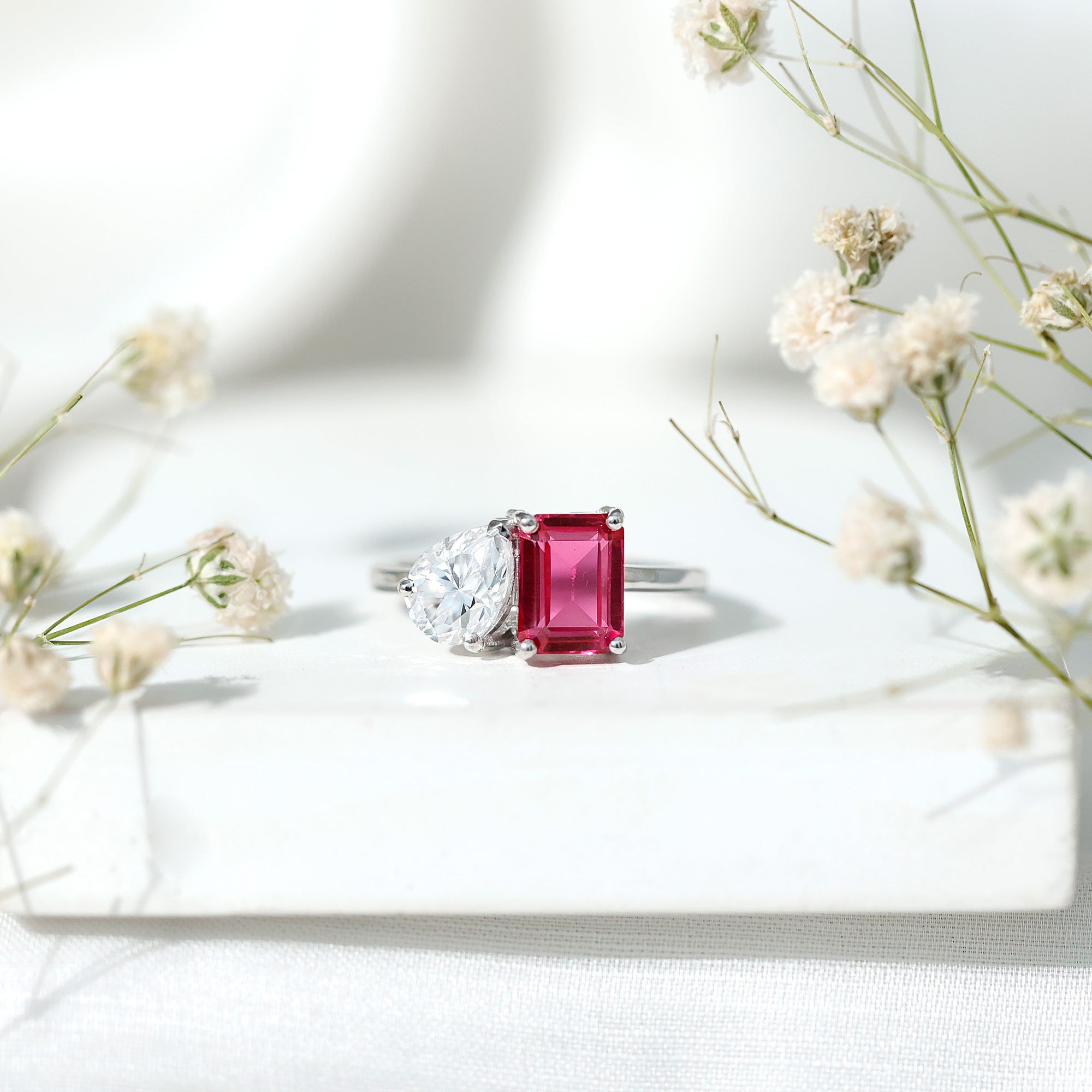 Toi Et Moi Ring with Created Pink Sapphire and Moissanite AAAA - Rosec Jewels