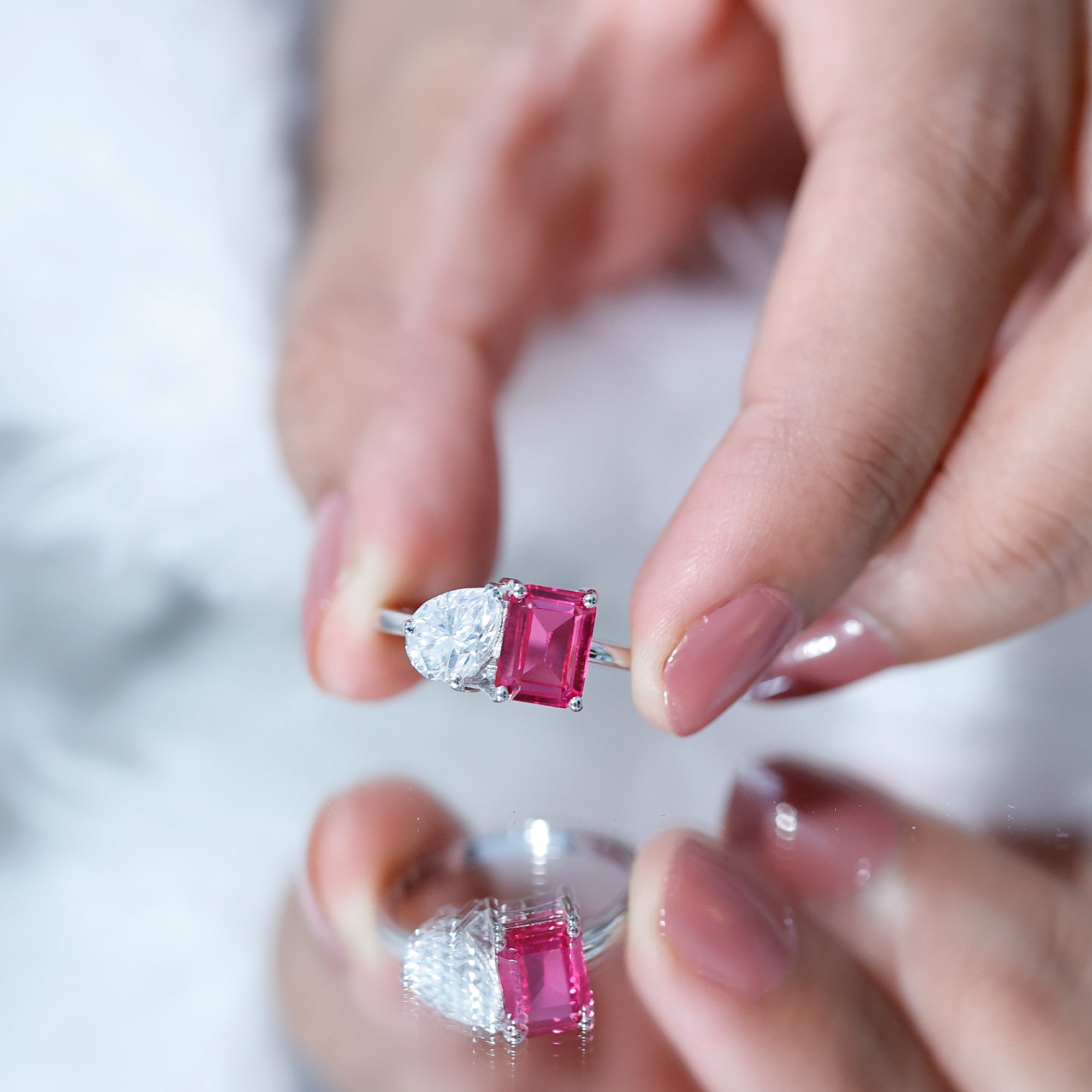 Toi Et Moi Ring with Created Pink Sapphire and Moissanite AAAA - Rosec Jewels