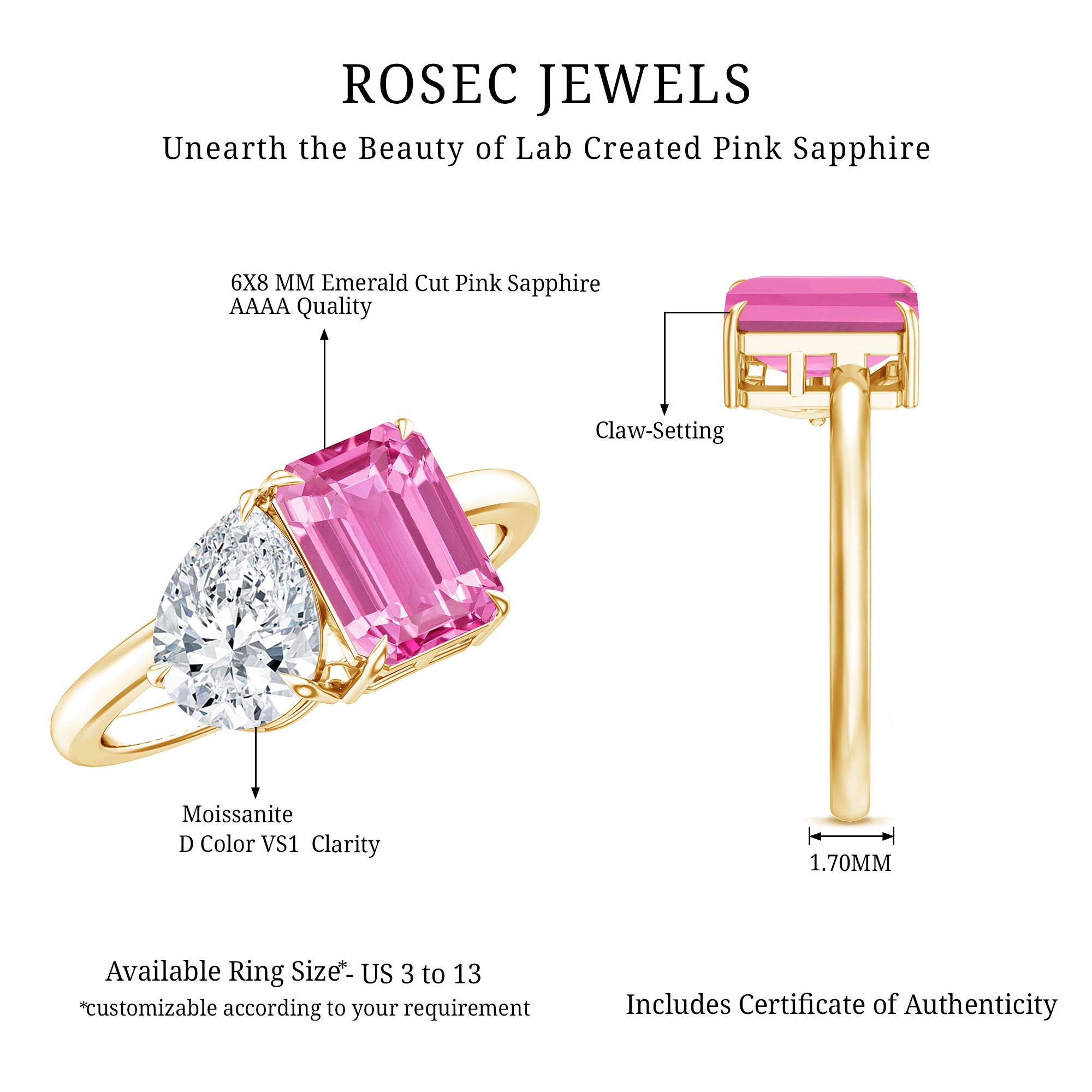 Toi Et Moi Ring with Created Pink Sapphire and Moissanite AAAA - Rosec Jewels