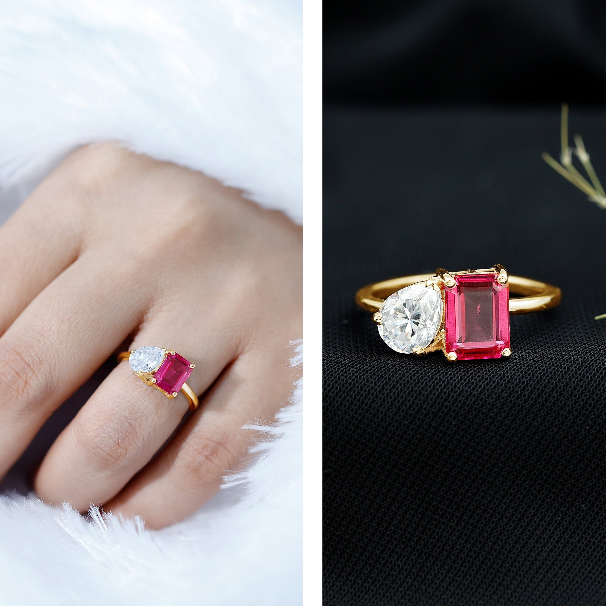 Toi Et Moi Ring with Created Pink Sapphire and Moissanite AAAA - Rosec Jewels