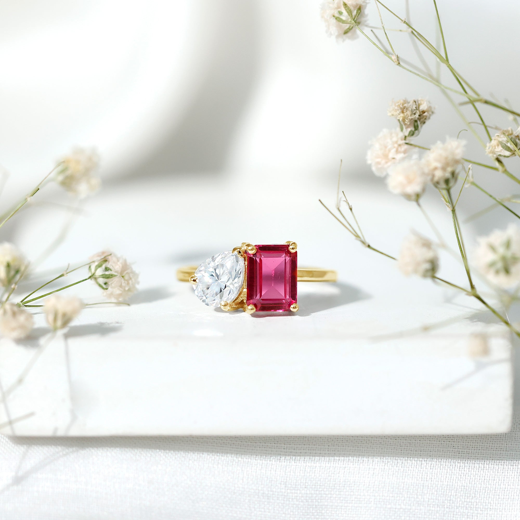 Toi Et Moi Ring with Created Pink Sapphire and Moissanite AAAA - Rosec Jewels