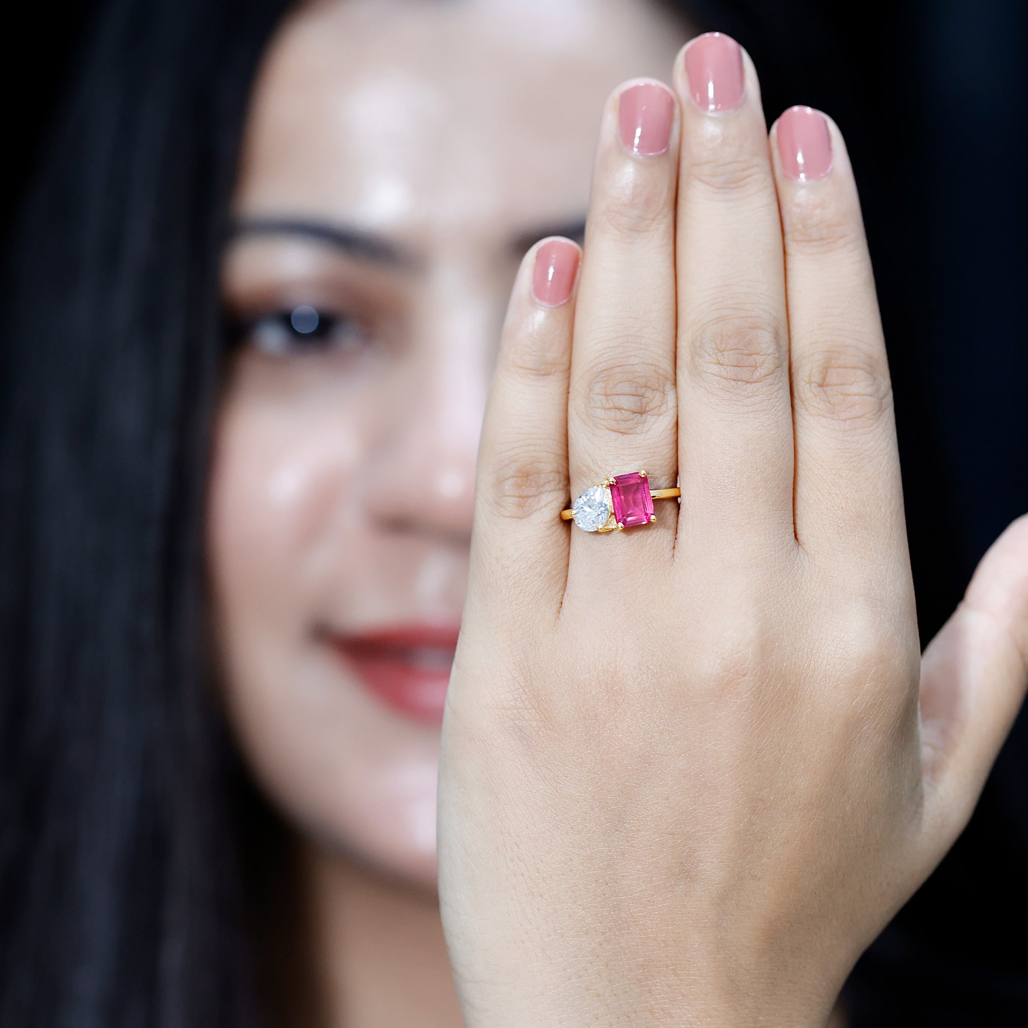Toi Et Moi Ring with Created Pink Sapphire and Moissanite AAAA - Rosec Jewels