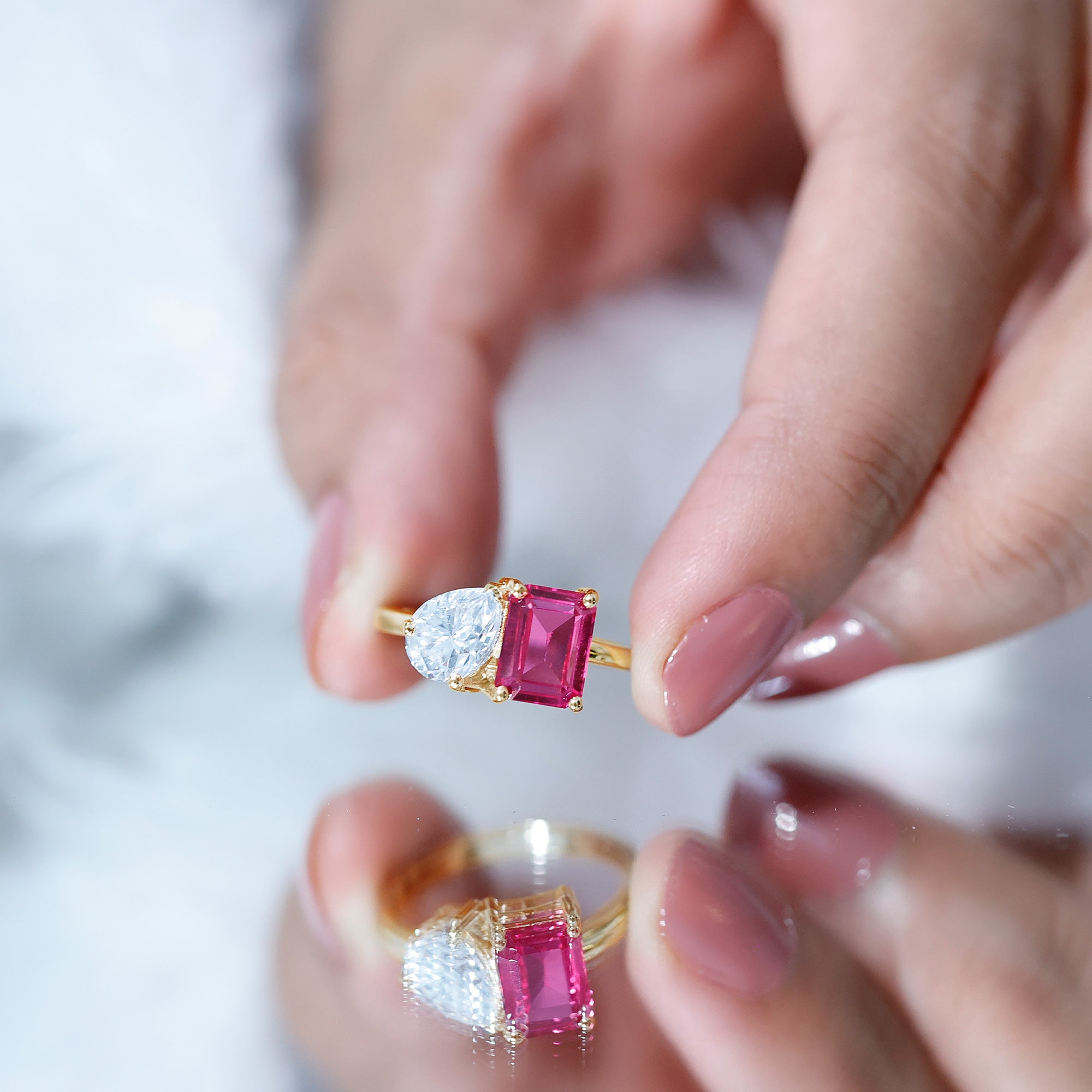Toi Et Moi Ring with Created Pink Sapphire and Moissanite AAAA - Rosec Jewels