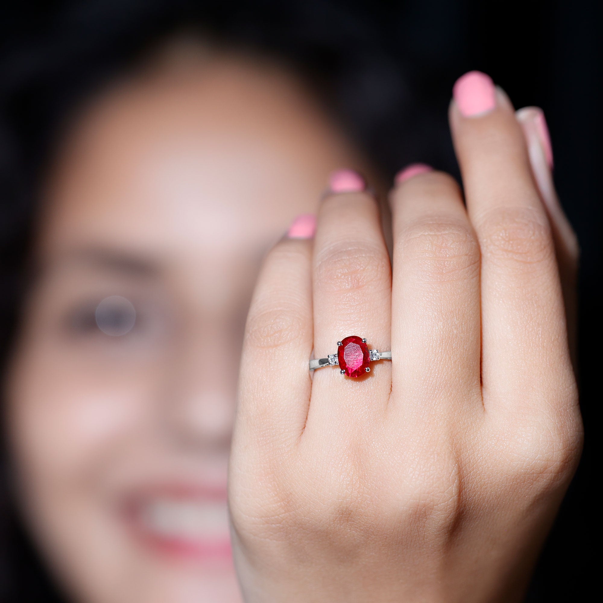 Classic Lab Grown Ruby Oval Engagement Ring With Diamond AAAA - Rosec Jewels