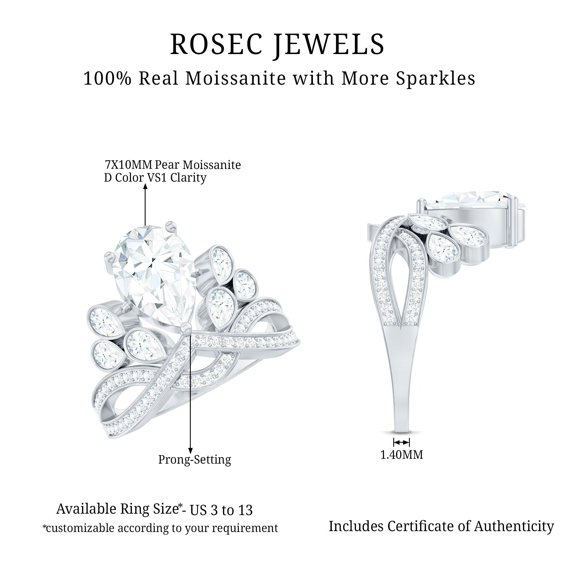 Certified Moissanite Designer Crown Engagement Ring D-VS1 - Rosec Jewels
