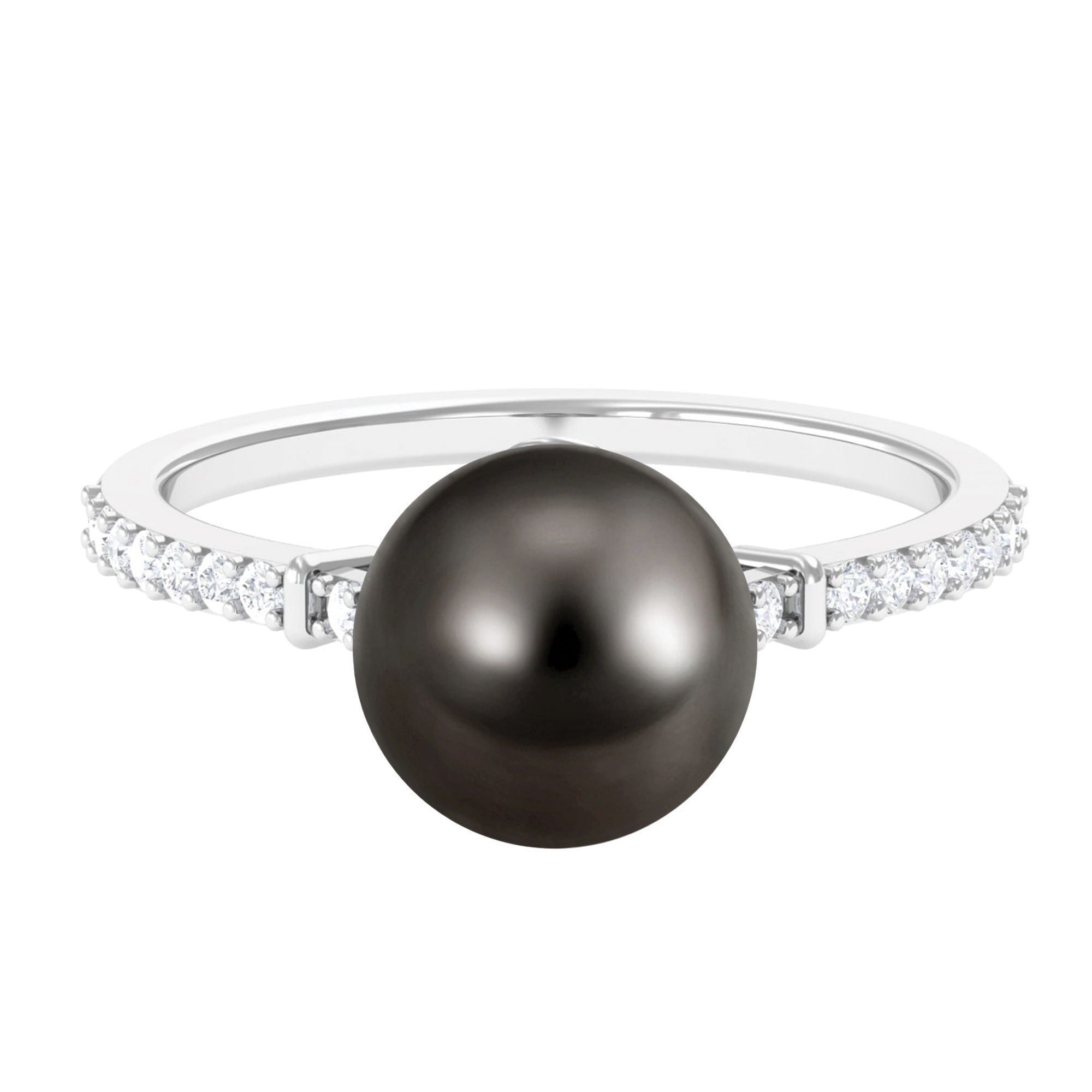 Classic Black Pearl Ring with Diamond Side Stones AAAA - Rosec Jewels