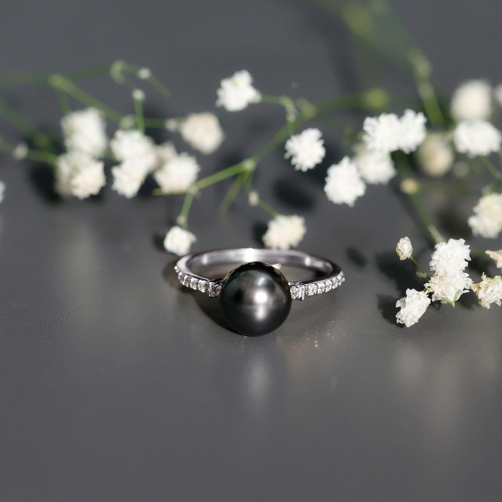 Classic Black Pearl Ring with Diamond Side Stones AAAA - Rosec Jewels
