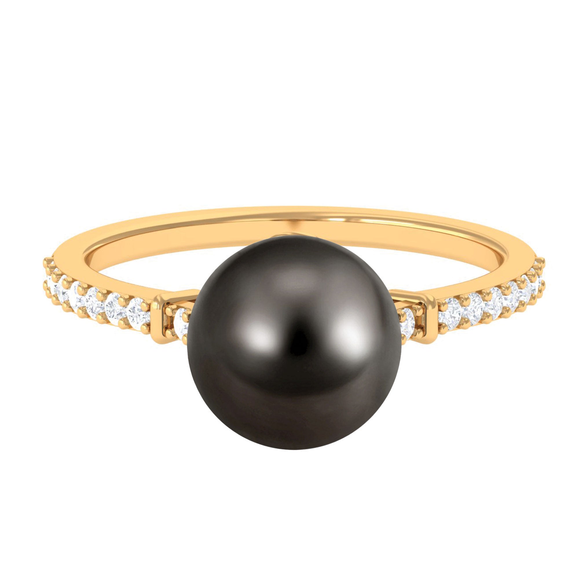 Classic Black Pearl Ring with Diamond Side Stones AAAA - Rosec Jewels