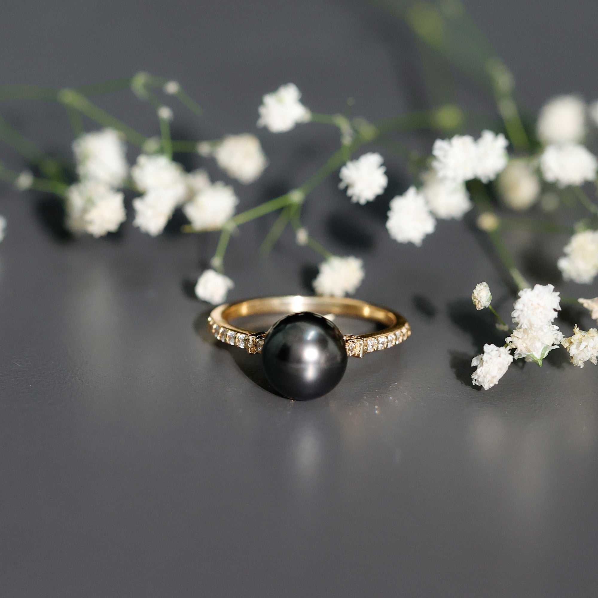 Classic Black Pearl Ring with Diamond Side Stones AAAA - Rosec Jewels