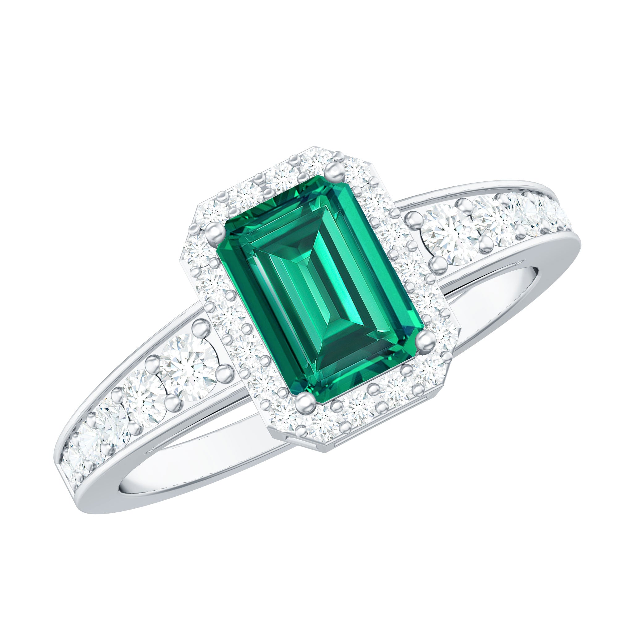 Certified Emerald Cut Lab Grown Emerald Vintage Inspired Engagement Ring with Moissanite
