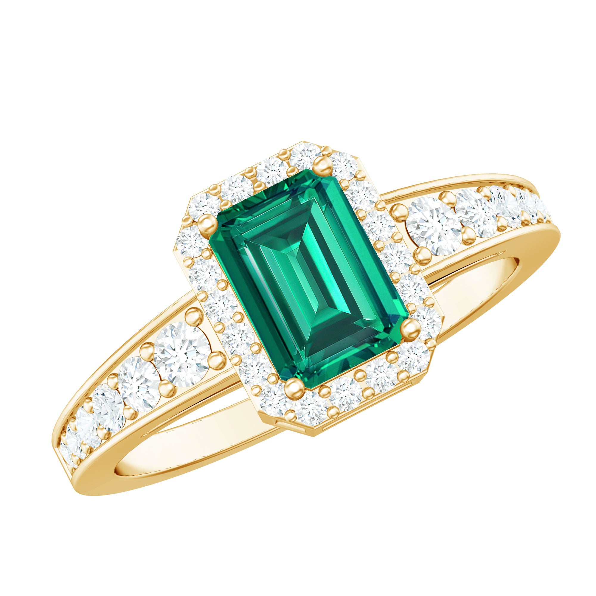Rosec Jewels-Certified Emerald Cut Lab Grown Emerald Vintage Engagement Ring with Diamond