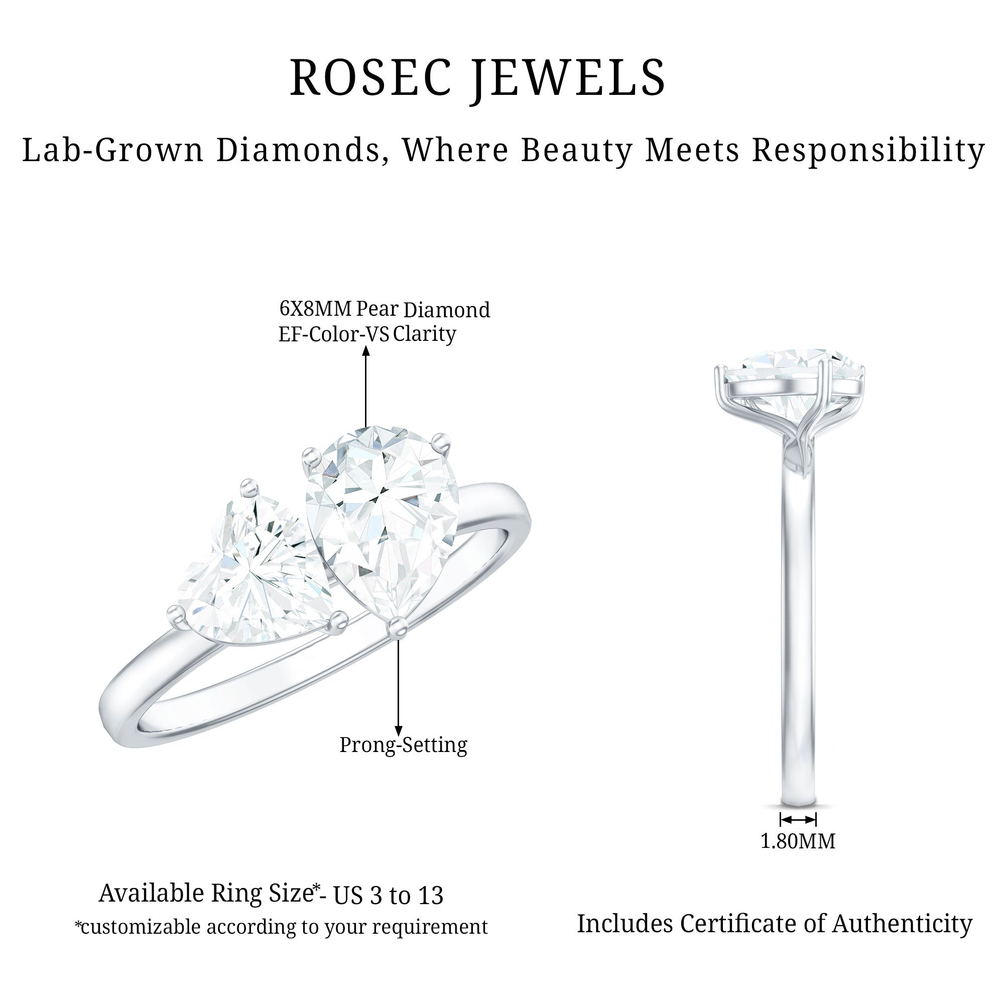 Rosec Jewels-Heart and Pear Shape Lab Grown Diamond Toi Et Moi Engagement Ring
