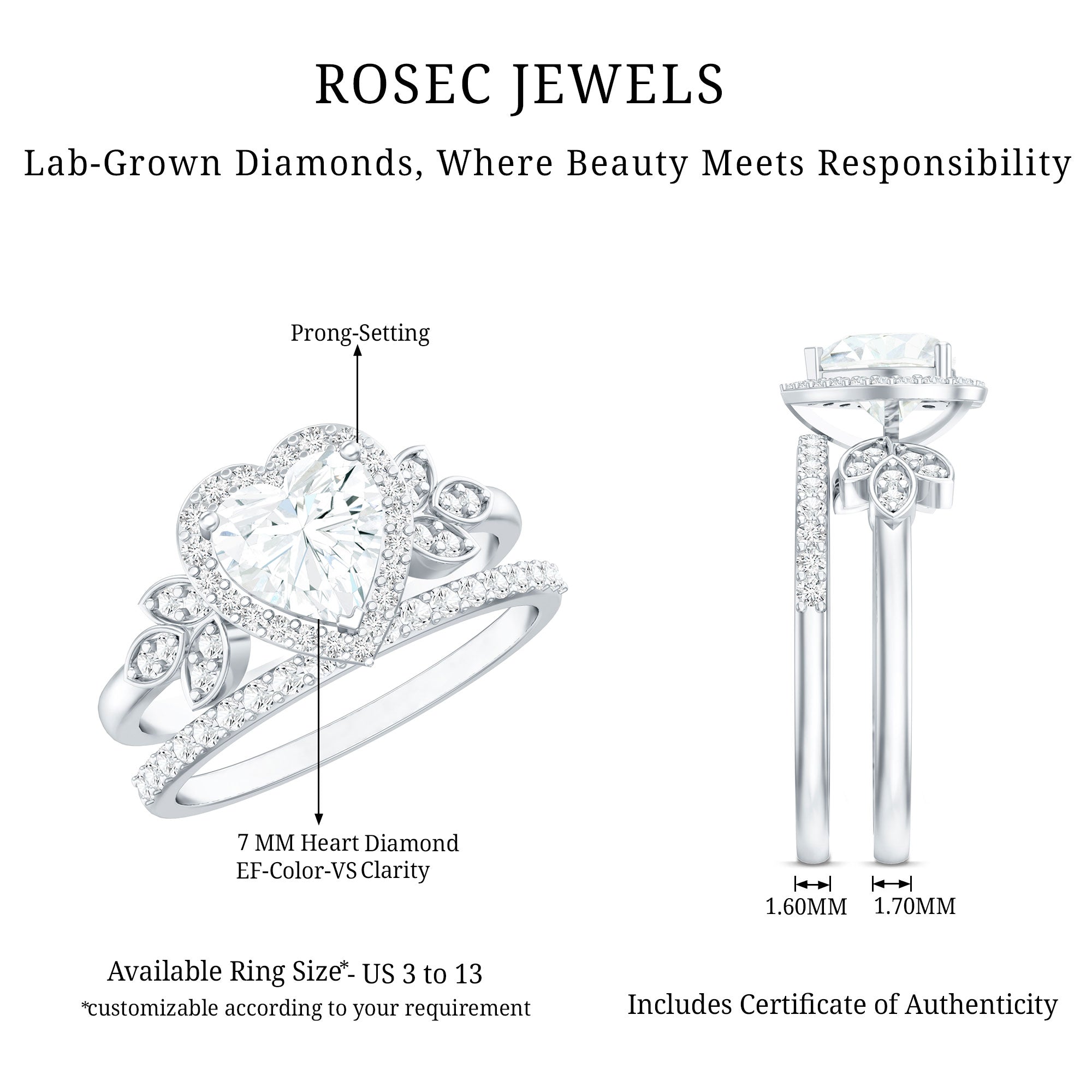 Certified 1.25 Carat Lab Grown Diamond Heart Wedding Ring Set for Women Lab - ( EF-VS ) - Rosec Jewels
